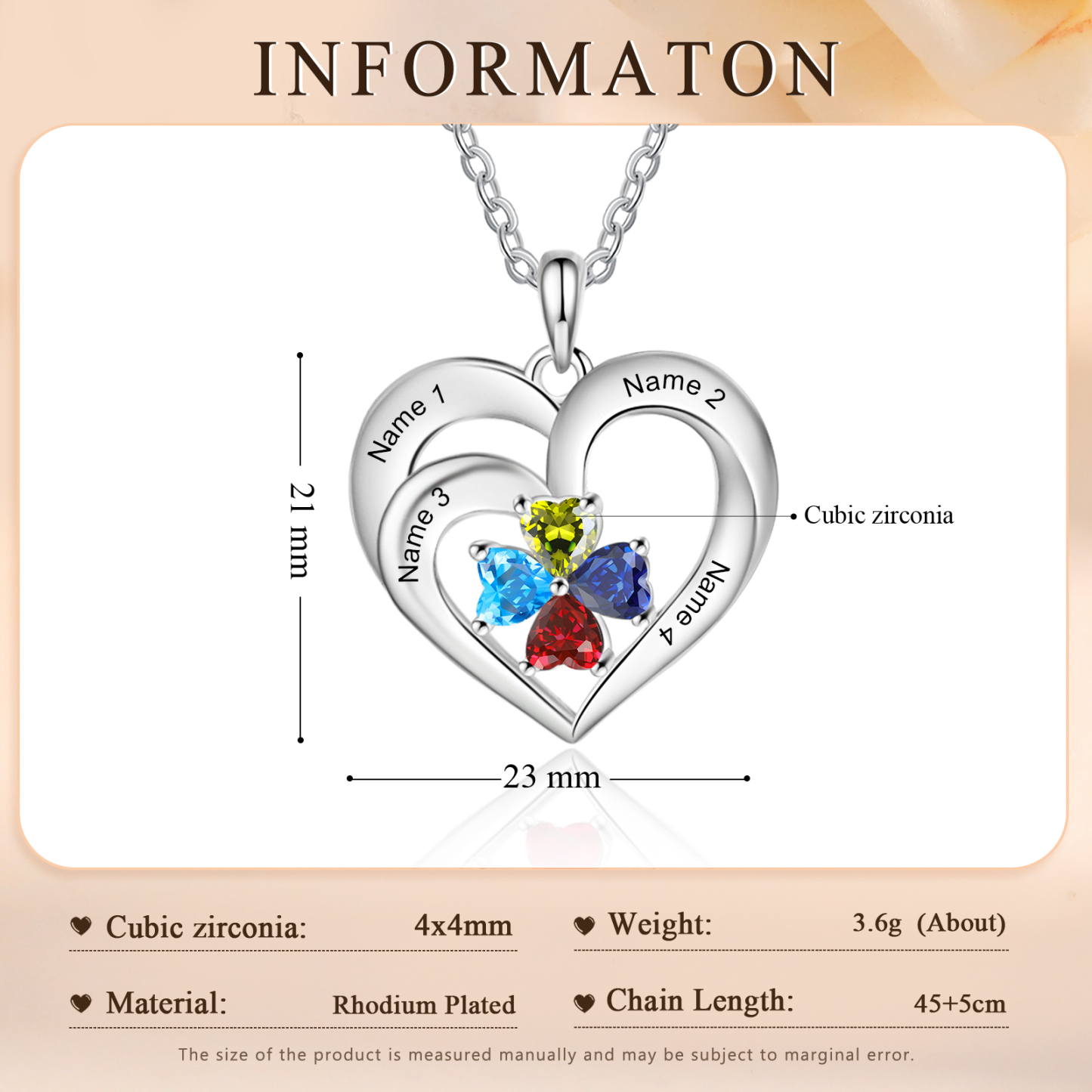 Personalisierte 4 Namen & 4 Herz Geburtssteine Herz Elegant Halskette mit Zirkonia