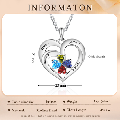 Personalisierte 4 Namen & 4 Herz Geburtssteine Herz Elegant Halskette mit Zirkonia