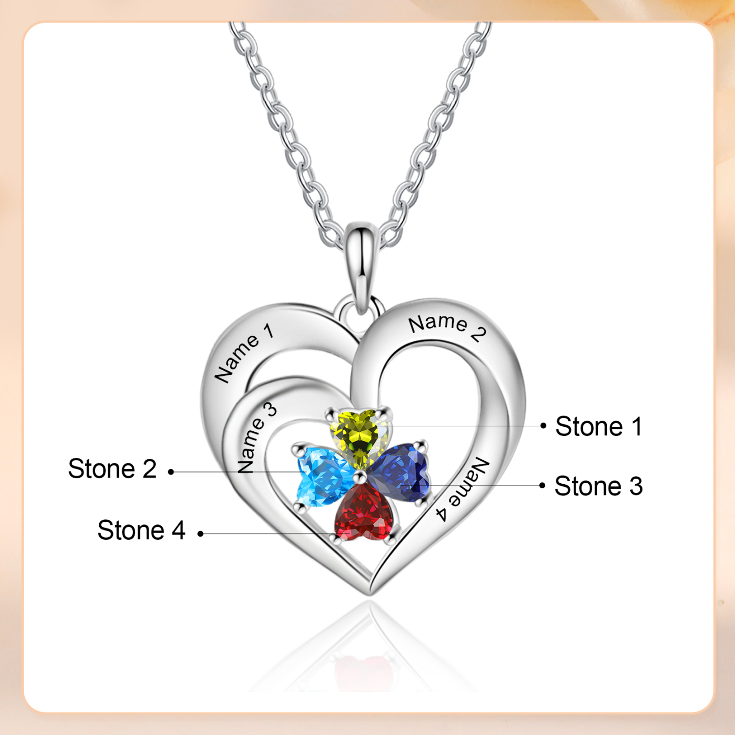 Personalisierte 4 Namen & 4 Herz Geburtssteine Herz Elegant Halskette mit Zirkonia