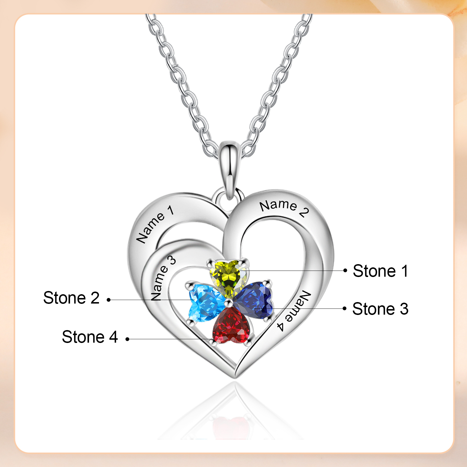 Personalisierte 4 Namen & 4 Herz Geburtssteine Herz Elegant Halskette mit Zirkonia