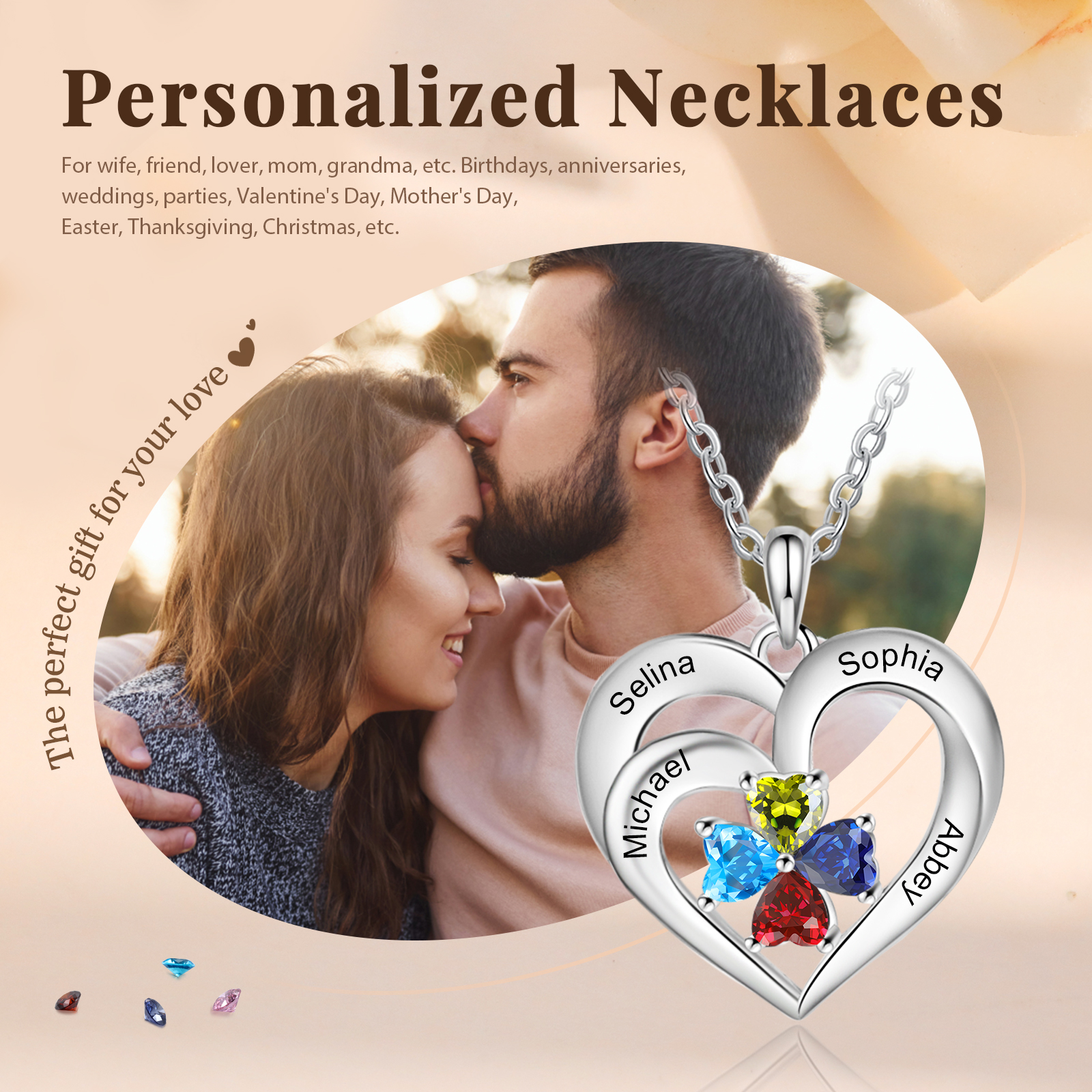 Personalisierte 4 Namen & 4 Herz Geburtssteine Herz Elegant Halskette mit Zirkonia