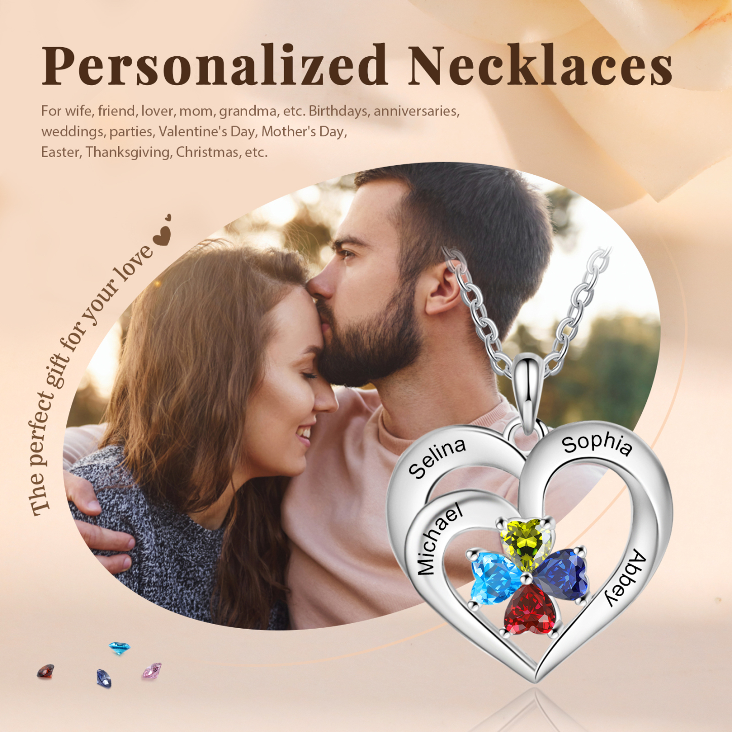 Personalisierte 4 Namen & 4 Herz Geburtssteine Herz Elegant Halskette mit Zirkonia