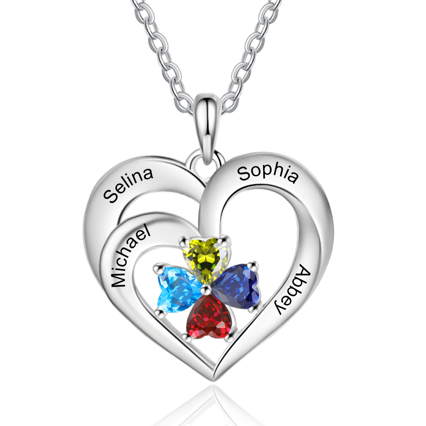 Personalisierte 4 Namen & 4 Herz Geburtssteine Herz Elegant Halskette mit Zirkonia