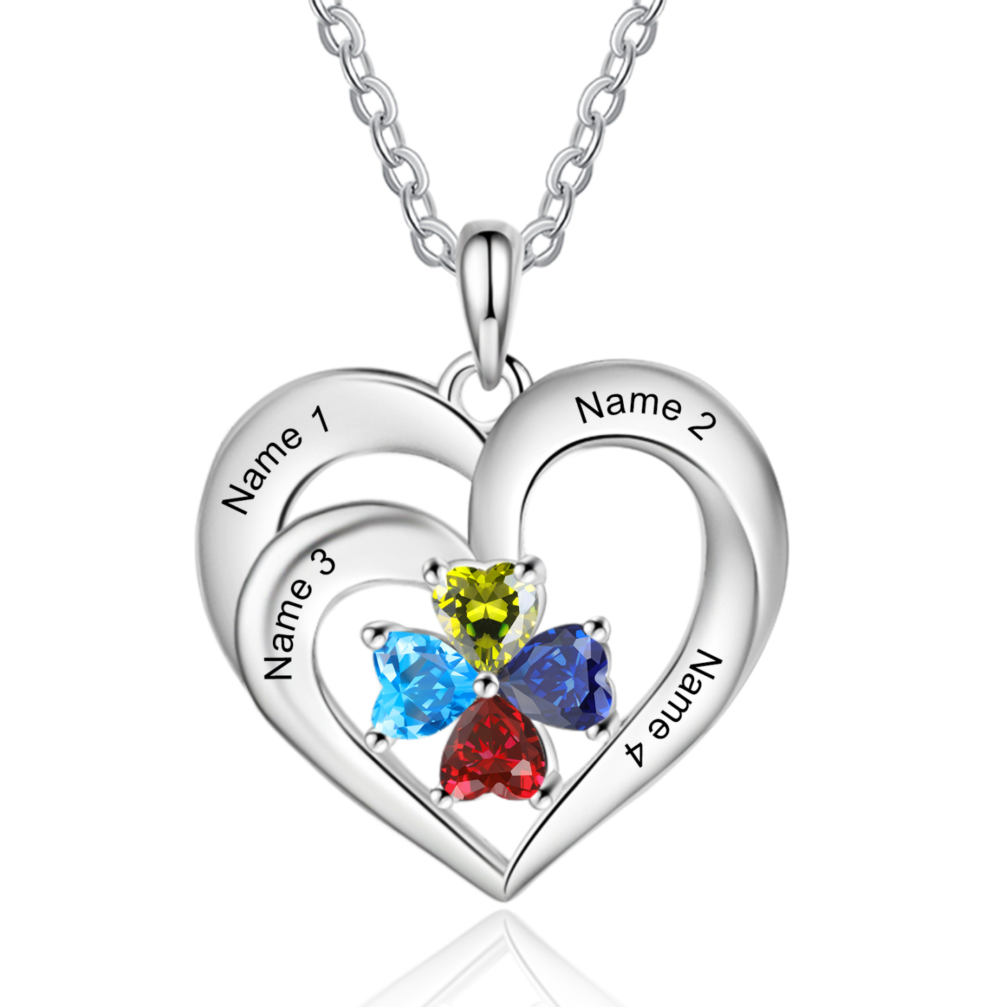 Personalisierte 4 Namen & 4 Herz Geburtssteine Herz Elegant Halskette mit Zirkonia