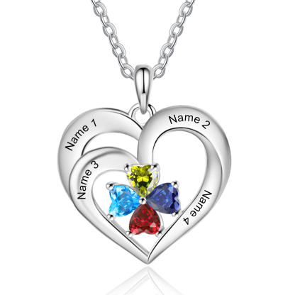 Personalisierte 4 Namen & 4 Herz Geburtssteine Herz Elegant Halskette mit Zirkonia