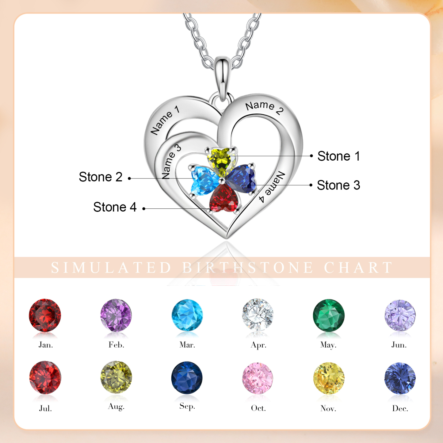 Personalisierte 4 Namen & 4 Herz Geburtssteine Herz Elegant Halskette mit Zirkonia
