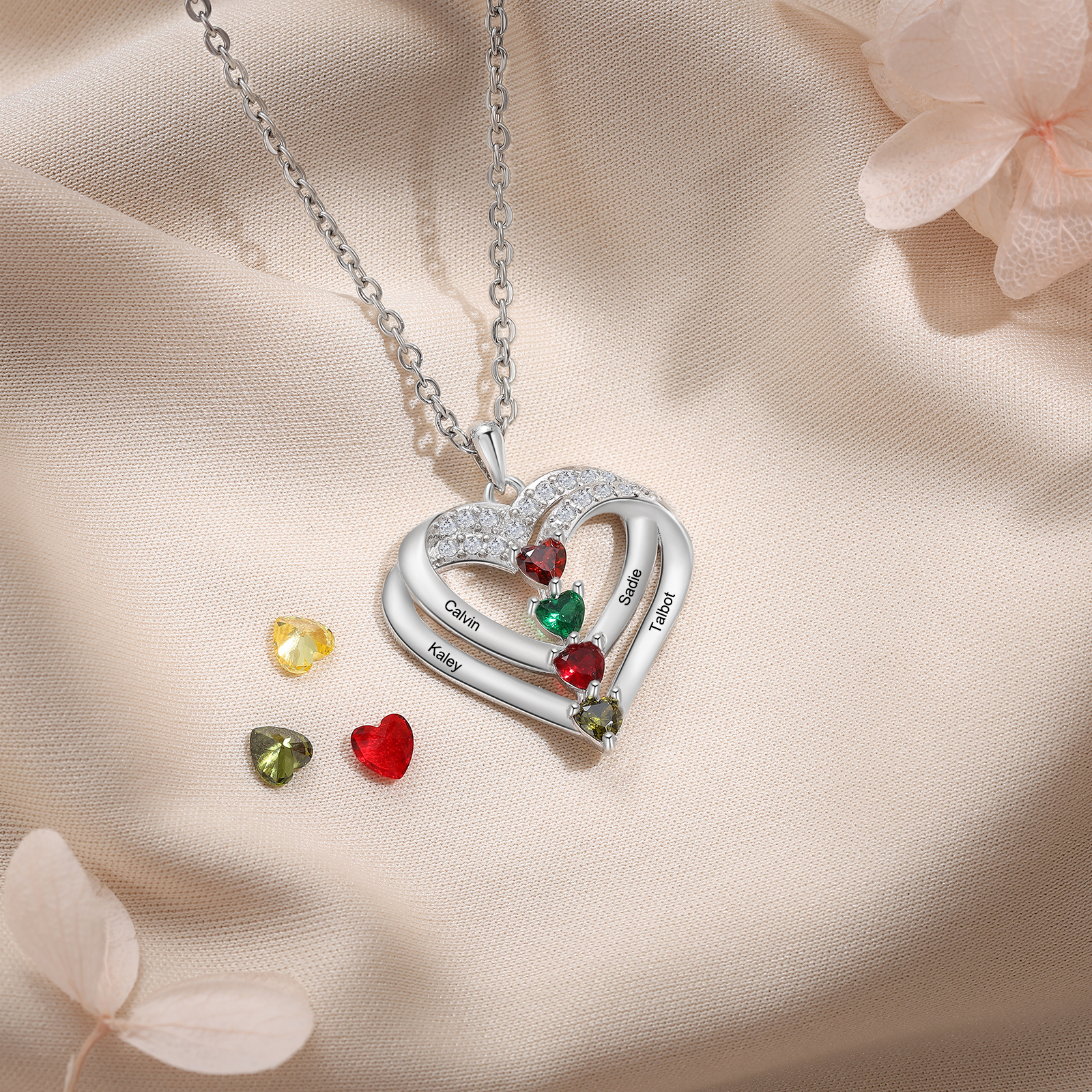 Personalisierte 3 Name & 3 Geburtsstein Doppelherz-Halskette-Herzliches Geschenk für Mama Mutter