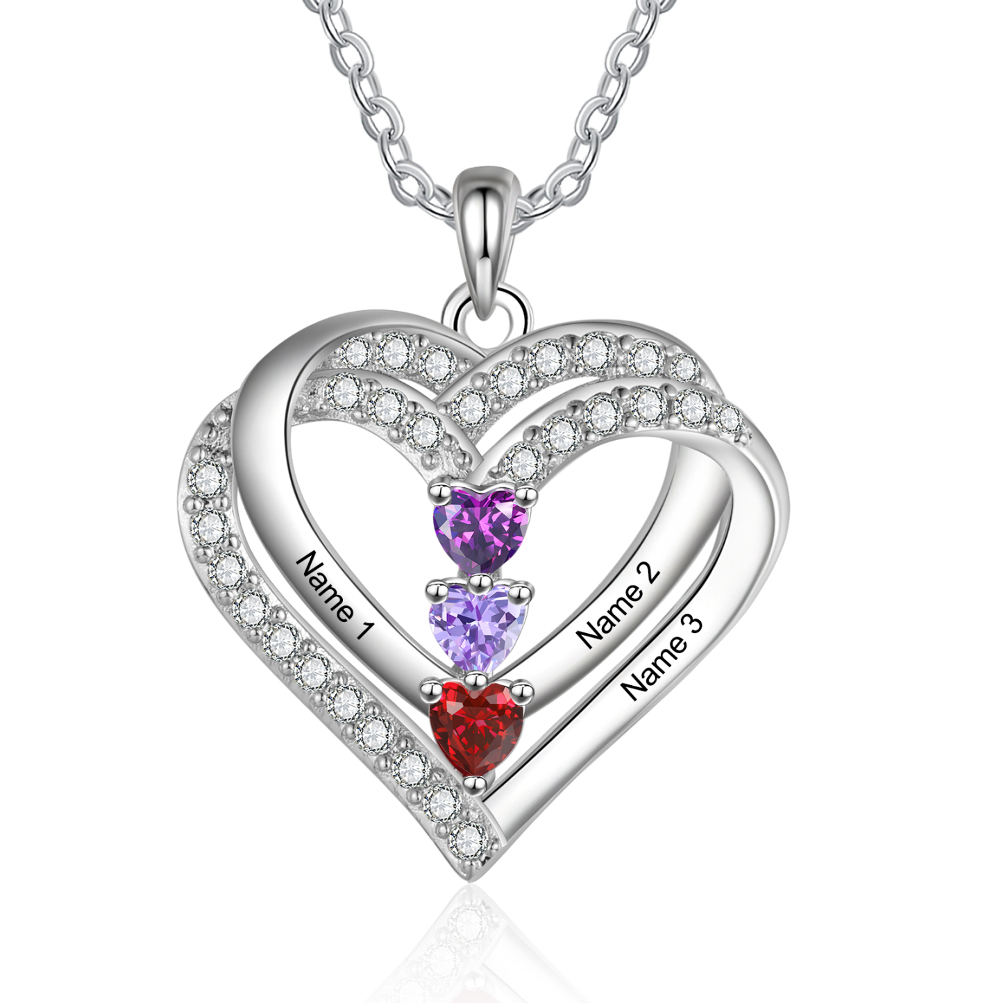 Personalisierte 3 Name & 3 Geburtsstein Doppelherz-Halskette-Herzliches Geschenk für Mama Mutter