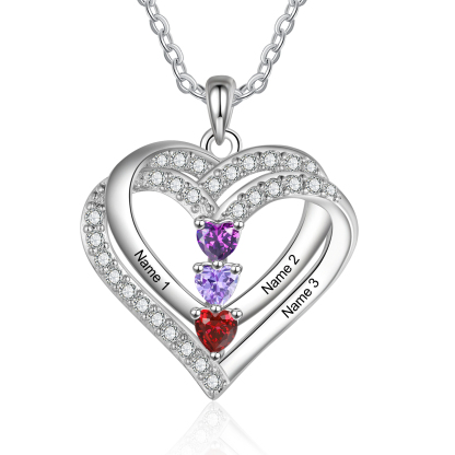 Personalisierte 3 Name & 3 Geburtsstein Doppelherz-Halskette-Herzliches Geschenk für Mama Mutter