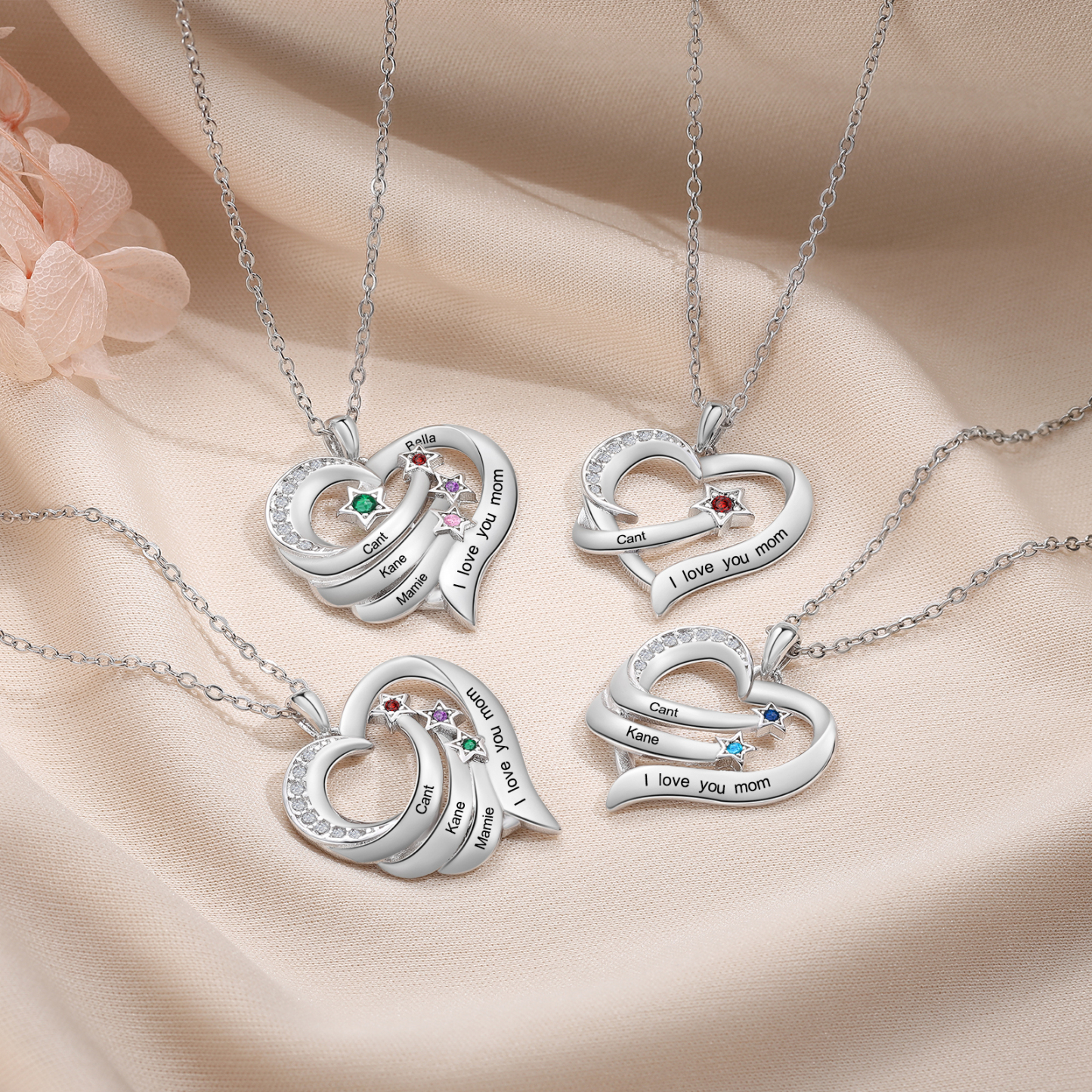Personalisierter 2 Name & 2 Geburtsstein Herz Halskette mit Sterne für Mama Mutter 