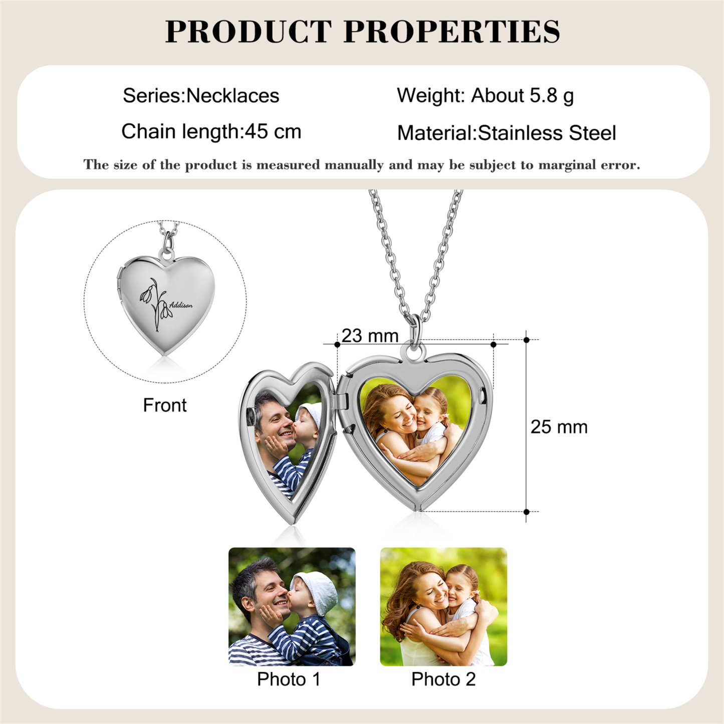 Personalisierte 2 Fotos & Geburtsblume & Name Feine Herz Halskette