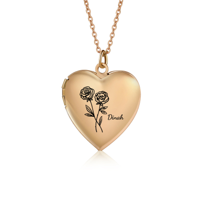 Personalisierte 2 Fotos & Geburtsblume & Name Feine Herz Halskette