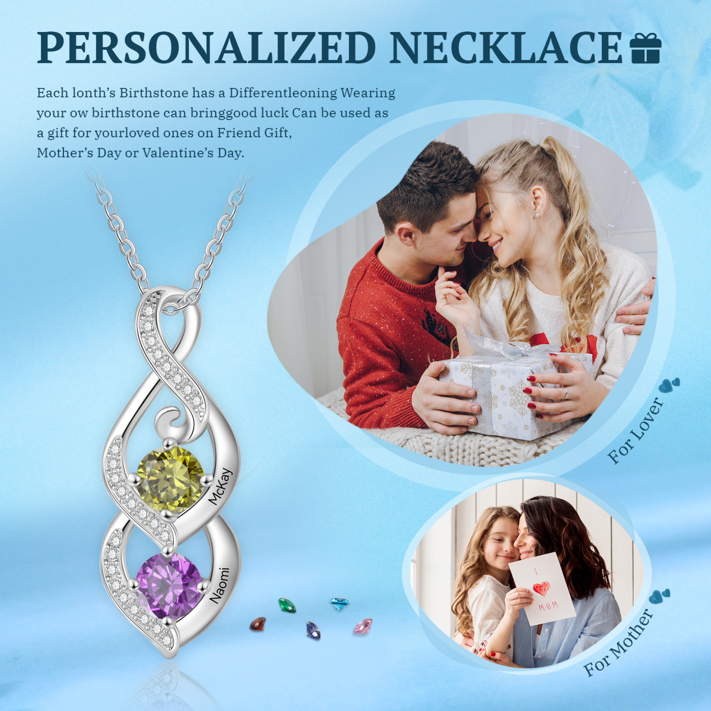 Personalisierte 2-3 Namen & Geburtssteinen Silberne Halskette mit Zirkonia