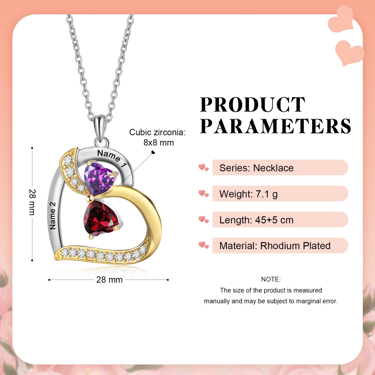 Personalisierte 2-4 Namen Silber-Gold-Herz Zirkonia Halskette mit 2-4 Geburtssteinen