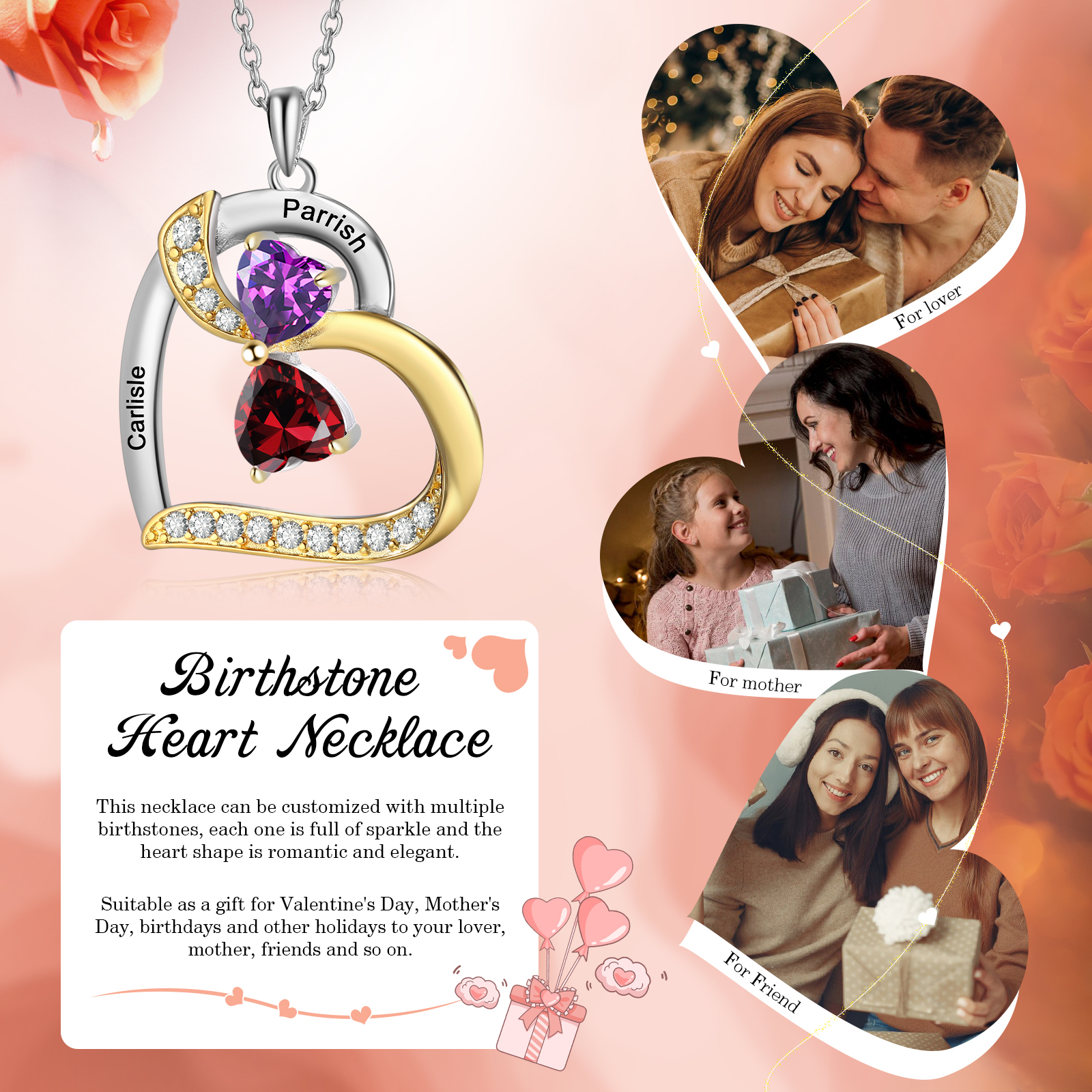 Personalisierte 2-4 Namen Silber-Gold-Herz Zirkonia Halskette mit 2-4 Geburtssteinen