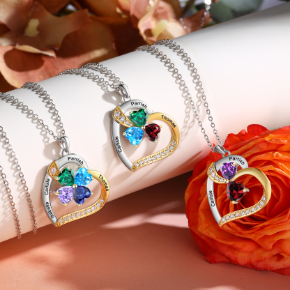 Personalisierte 2-4 Namen Silber-Gold-Herz Zirkonia Halskette mit 2-4 Geburtssteinen