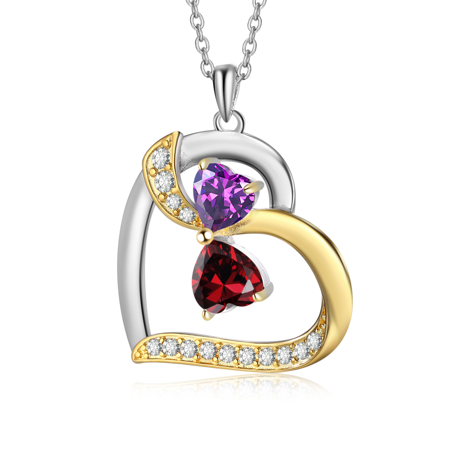 Personalisierte 2-4 Namen Silber-Gold-Herz Zirkonia Halskette mit 2-4 Geburtssteinen