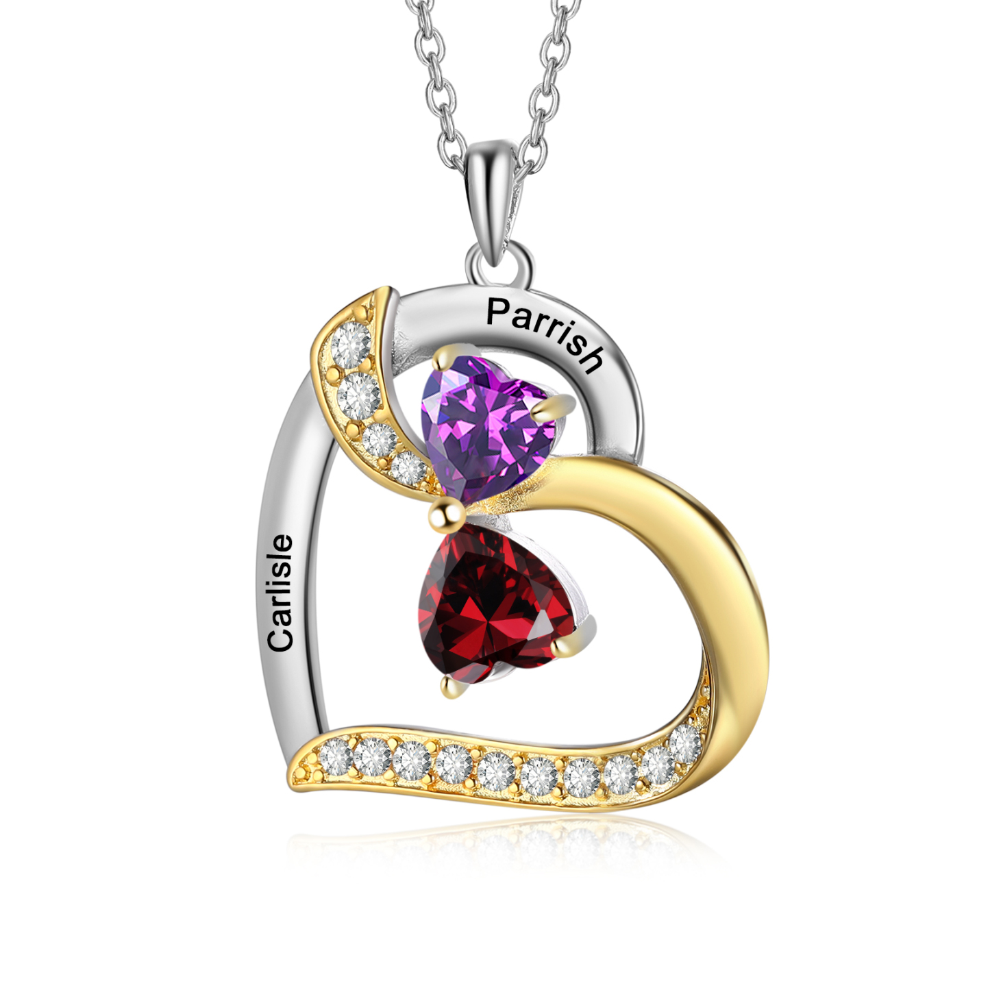 Personalisierte 2-4 Namen Silber-Gold-Herz Zirkonia Halskette mit 2-4