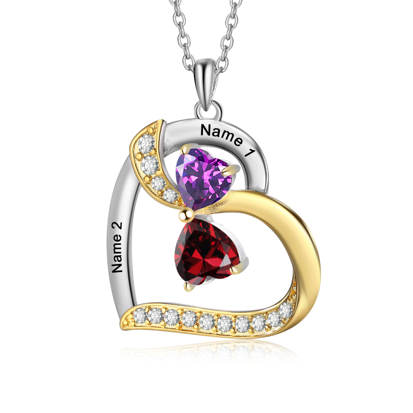 Personalisierte 2-4 Namen Silber-Gold-Herz Zirkonia Halskette mit 2-4 Geburtssteinen