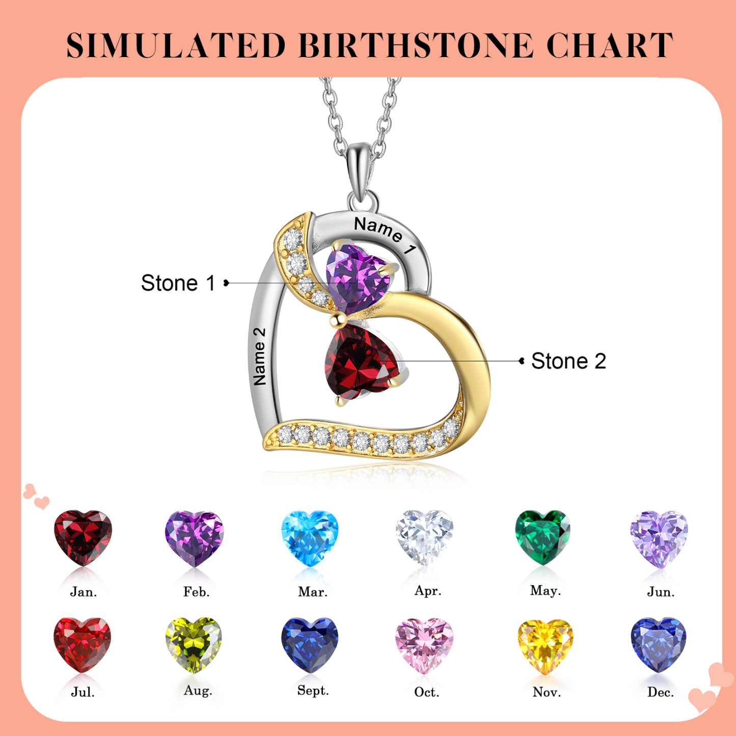 Personalisierte 2-4 Namen Silber-Gold-Herz Zirkonia Halskette mit 2-4 Geburtssteinen