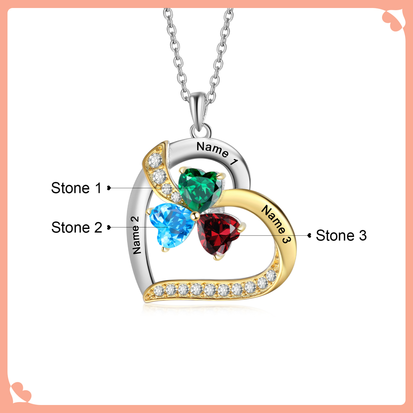 Personalisierte 2-4 Namen Silber-Gold-Herz Zirkonia Halskette mit 2-4 Geburtssteinen