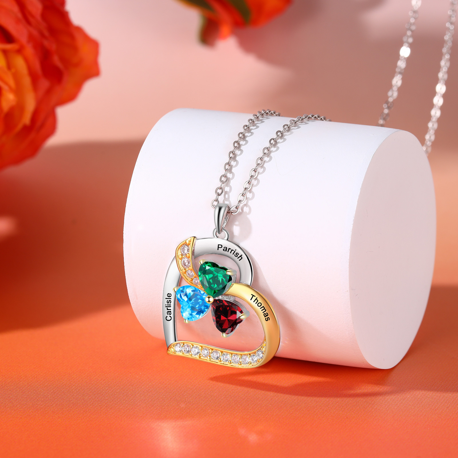 Personalisierte 2-4 Namen Silber-Gold-Herz Zirkonia Halskette mit 2-4 Geburtssteinen