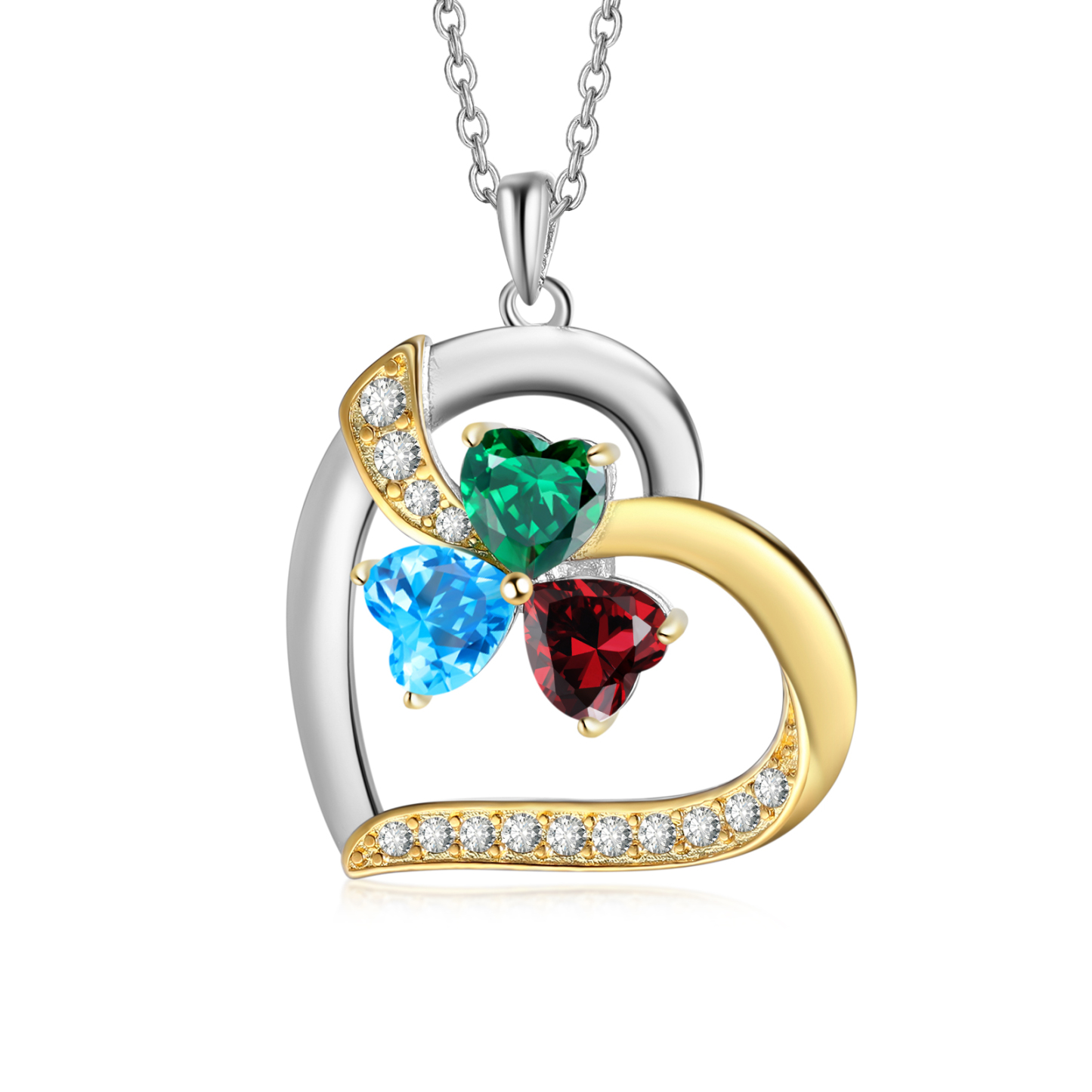 Personalisierte 2-4 Namen Silber-Gold-Herz Zirkonia Halskette mit 2-4 Geburtssteinen