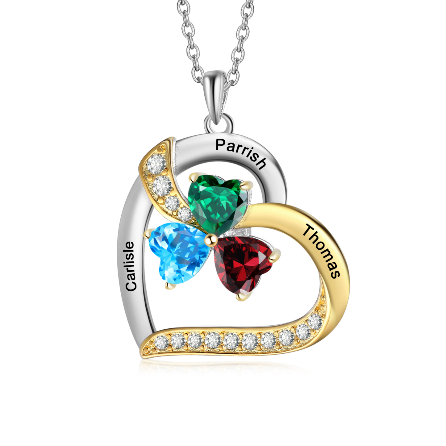 Personalisierte 2-4 Namen Silber-Gold-Herz Zirkonia Halskette mit 2-4 Geburtssteinen