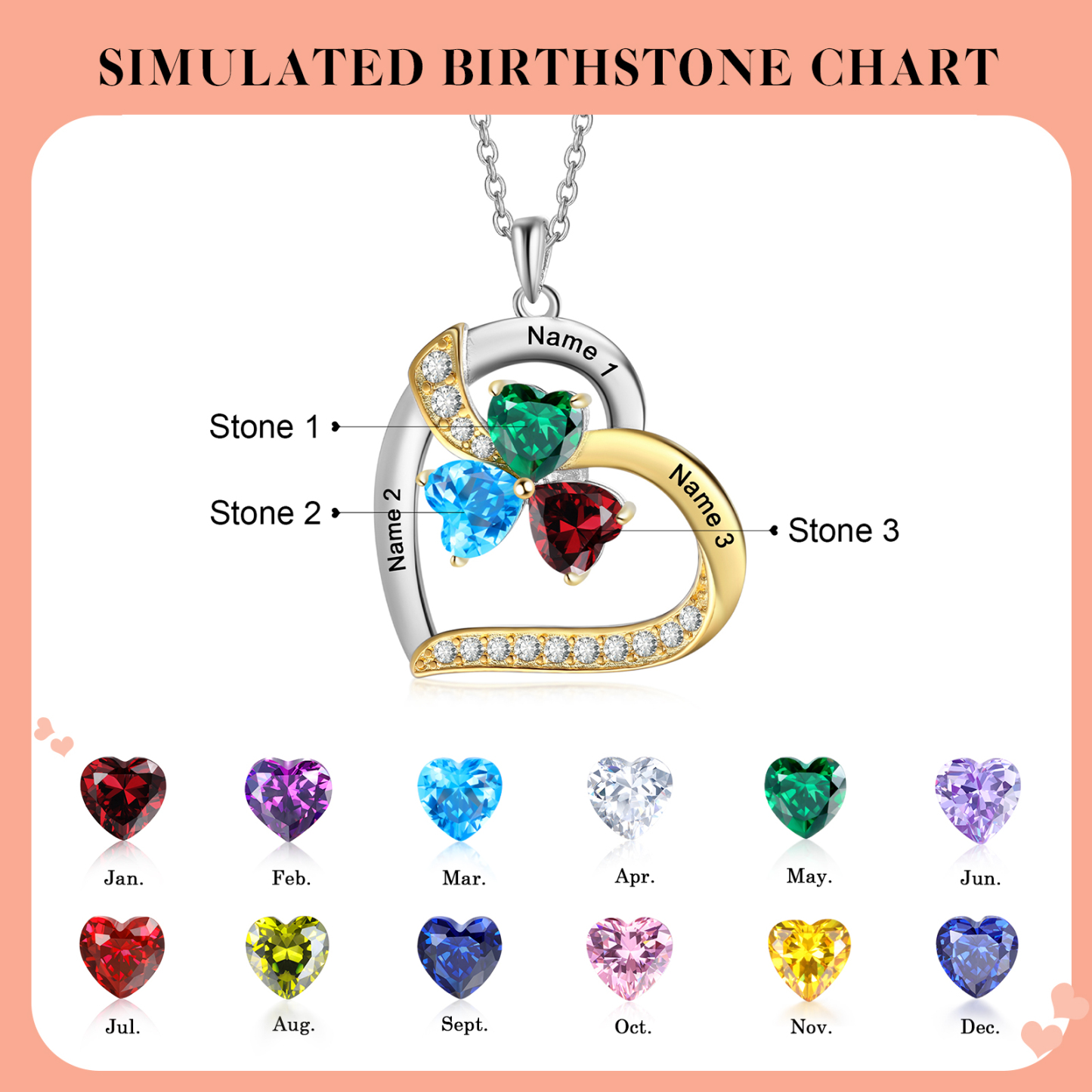 Personalisierte 2-4 Namen Silber-Gold-Herz Zirkonia Halskette mit 2-4 Geburtssteinen
