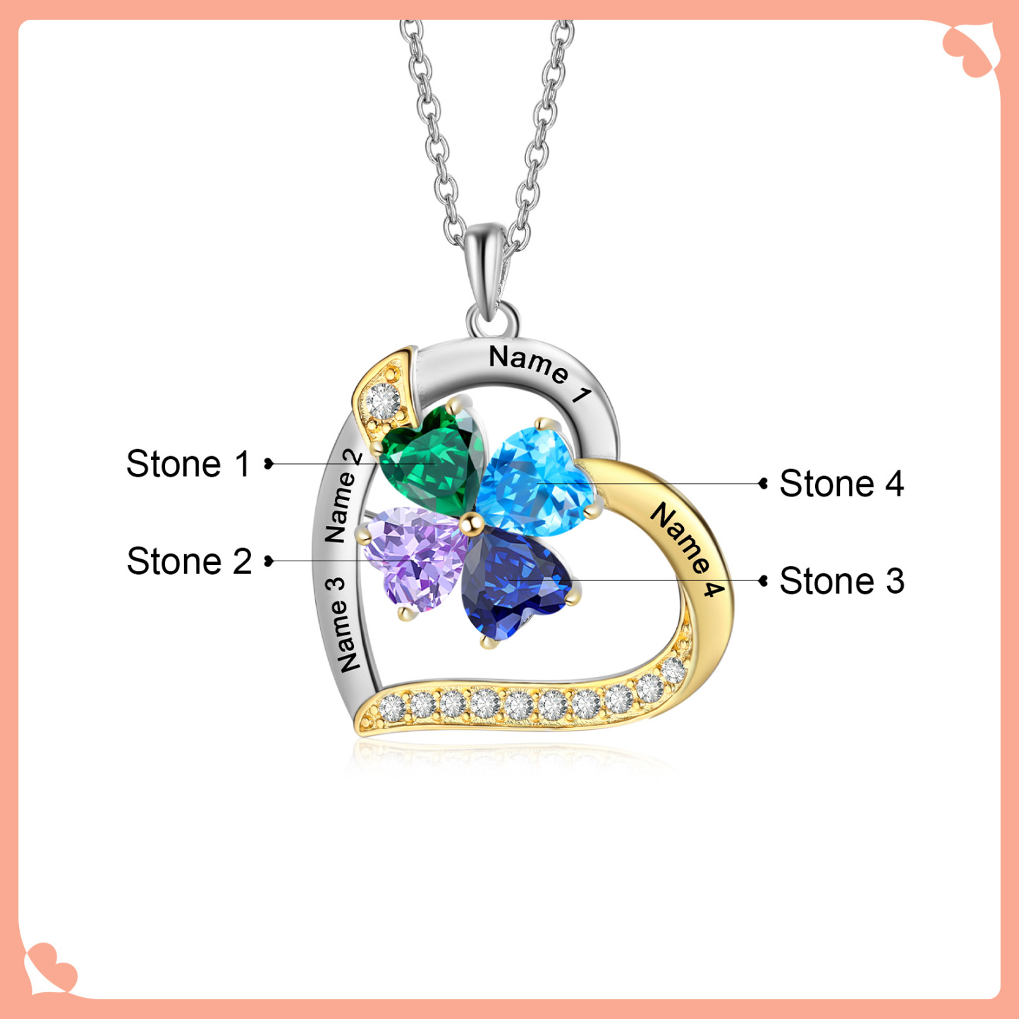 Personalisierte 2-4 Namen Silber-Gold-Herz Zirkonia Halskette mit 2-4 Geburtssteinen