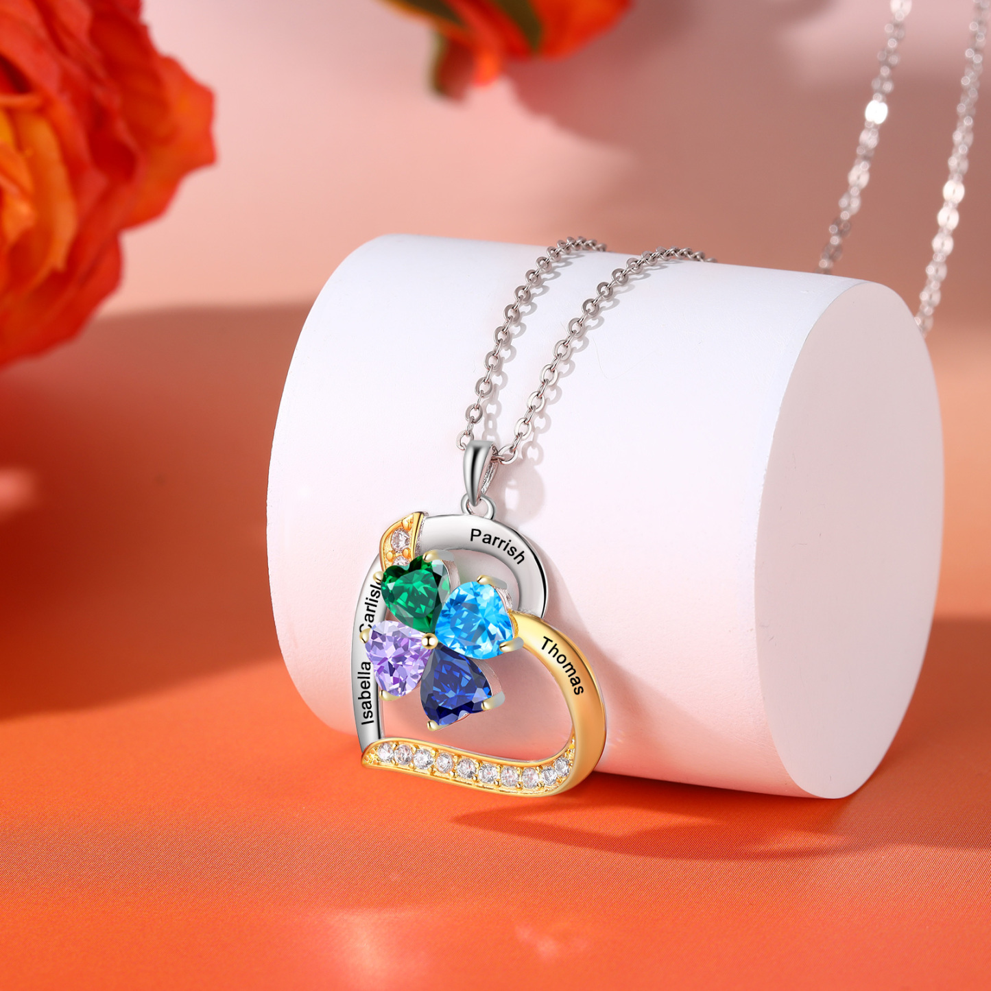Personalisierte 2-4 Namen Silber-Gold-Herz Zirkonia Halskette mit 2-4 Geburtssteinen