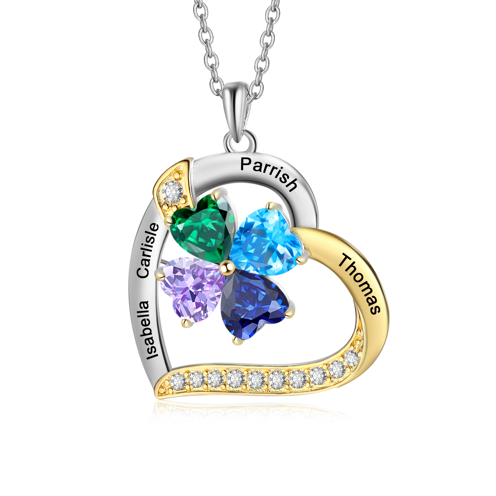 Personalisierte 2-4 Namen Silber-Gold-Herz Zirkonia Halskette mit 2-4 Geburtssteinen