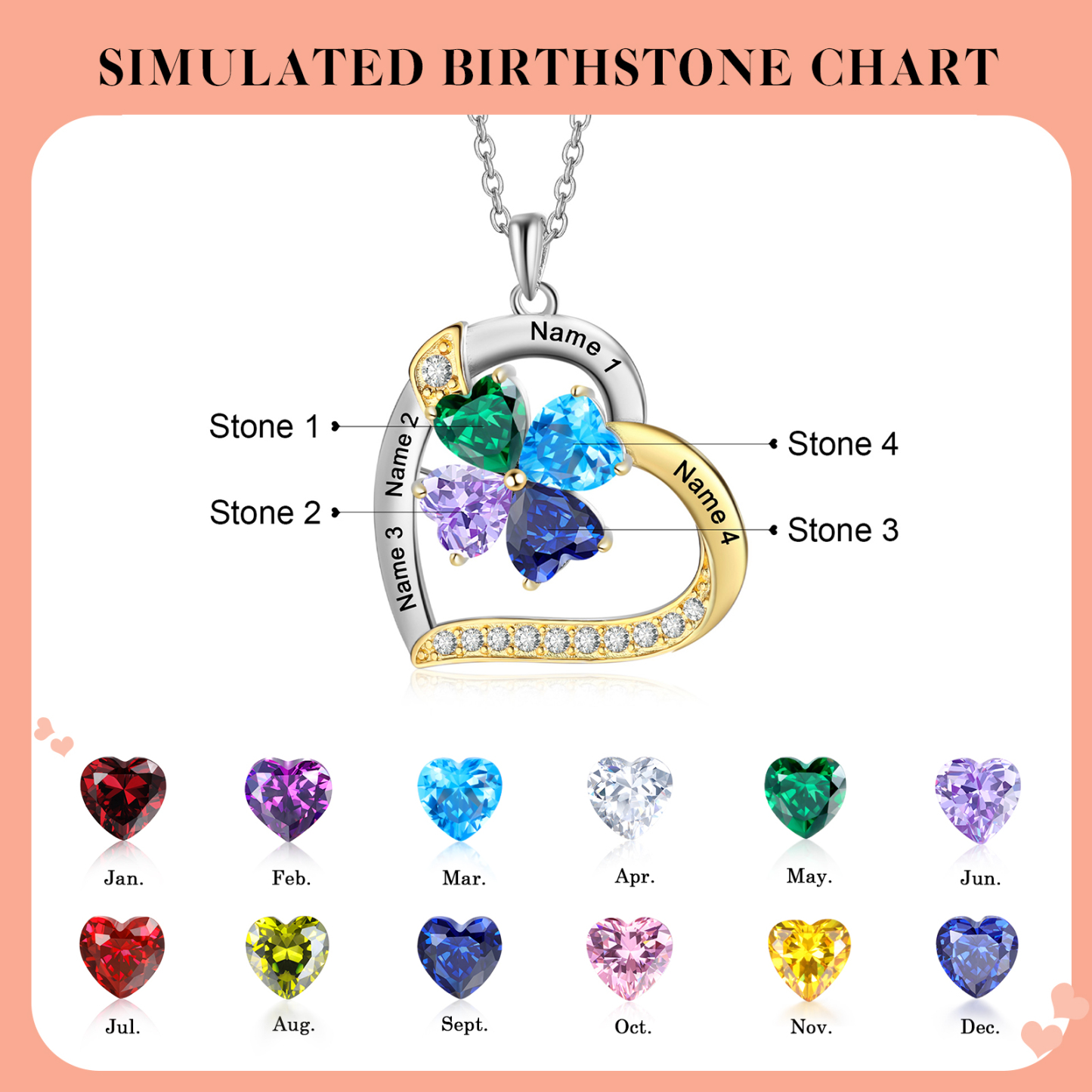 Personalisierte 2-4 Namen Silber-Gold-Herz Zirkonia Halskette mit 2-4 Geburtssteinen