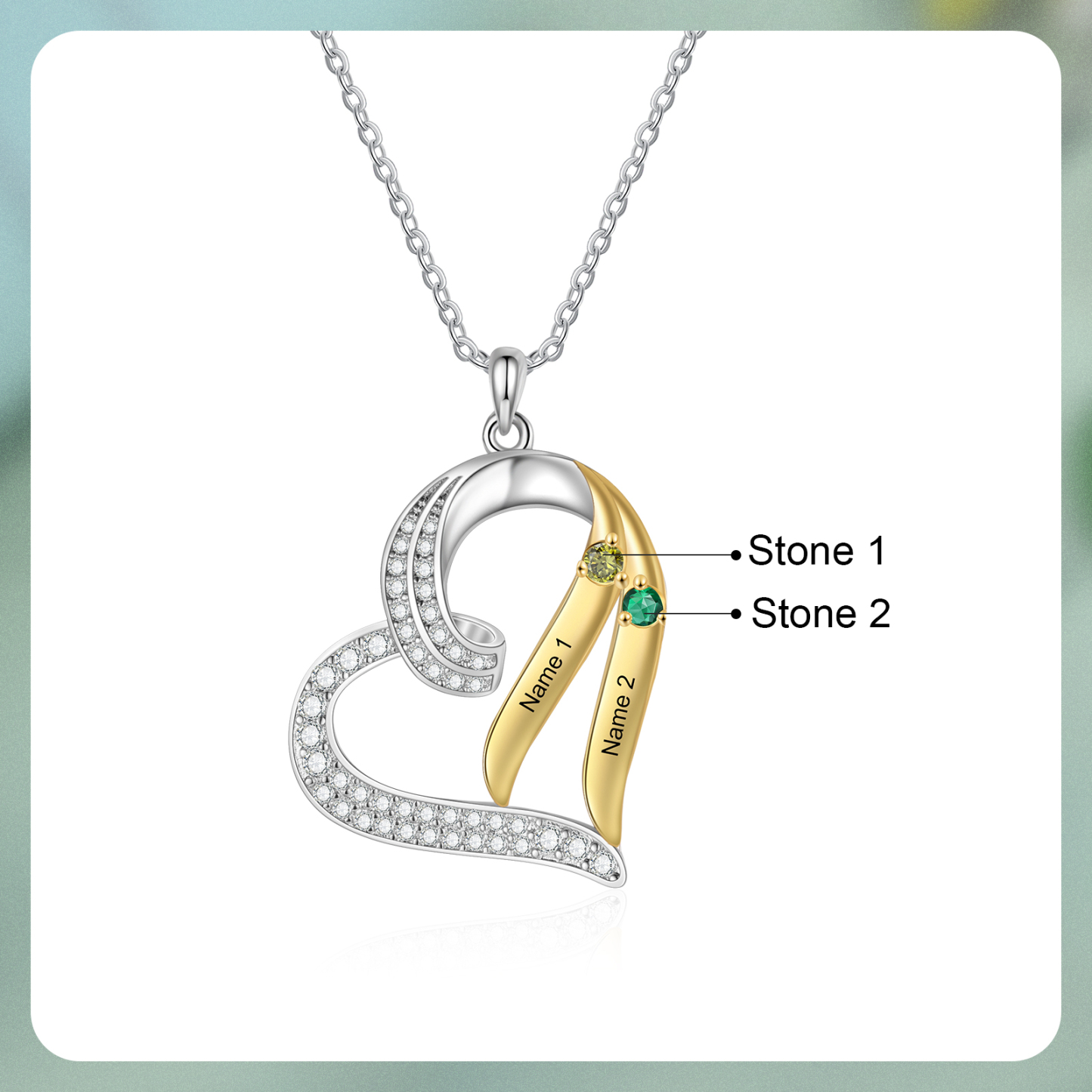 Personalisierte 2-4 Namen & 2-4 Geburtssteinen Silber-Gold Herzanhänger Halskette mit Zirkonia-Steinen