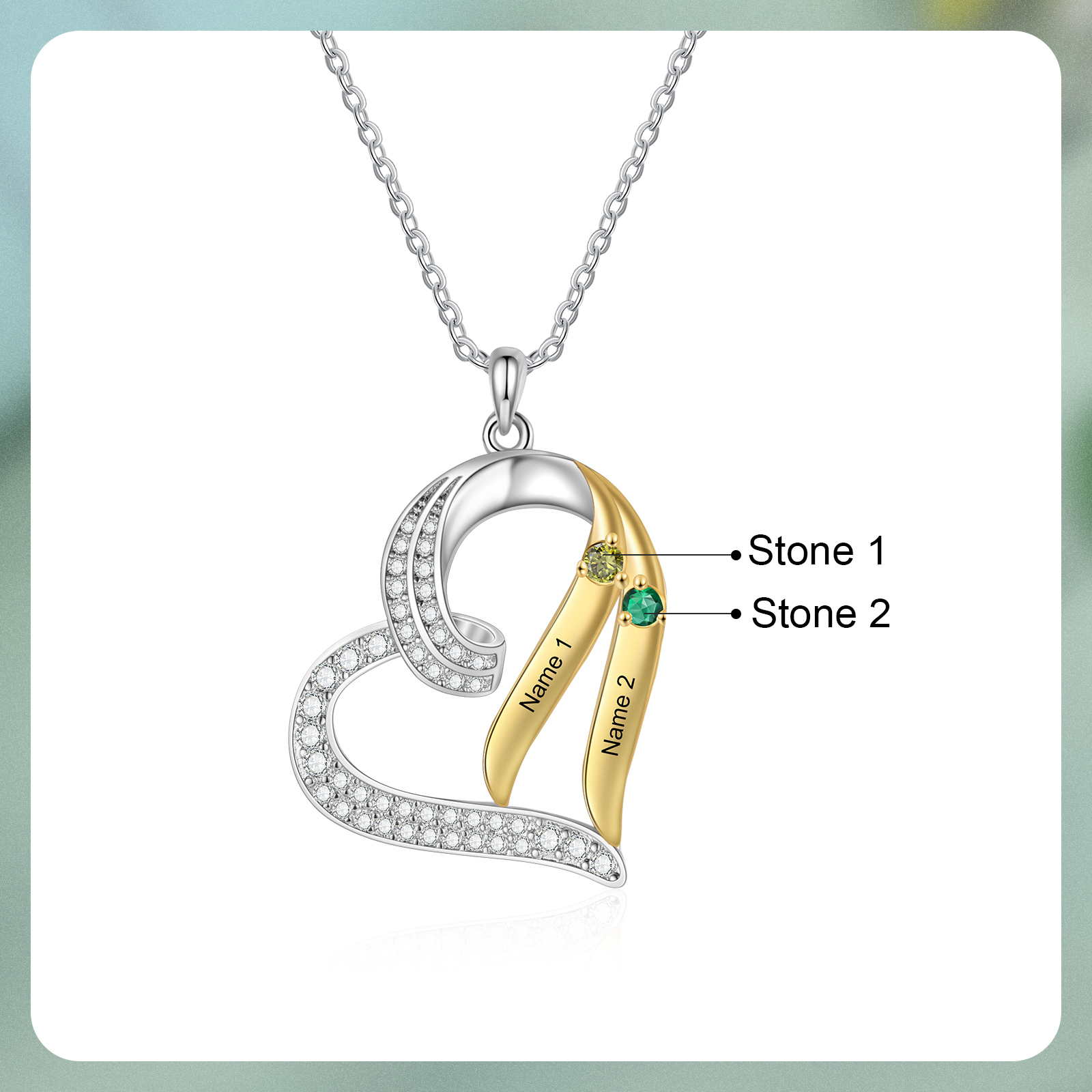 Personalisierte 2-4 Namen & 2-4 Geburtssteinen Silber-Gold Herzanhänger Halskette mit Zirkonia-Steinen