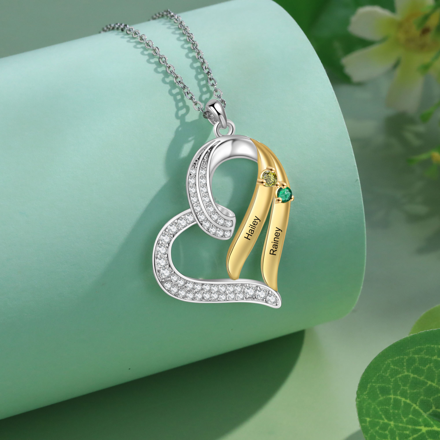 Personalisierte 2-4 Namen & 2-4 Geburtssteinen Silber-Gold Herzanhänger Halskette mit Zirkonia-Steinen