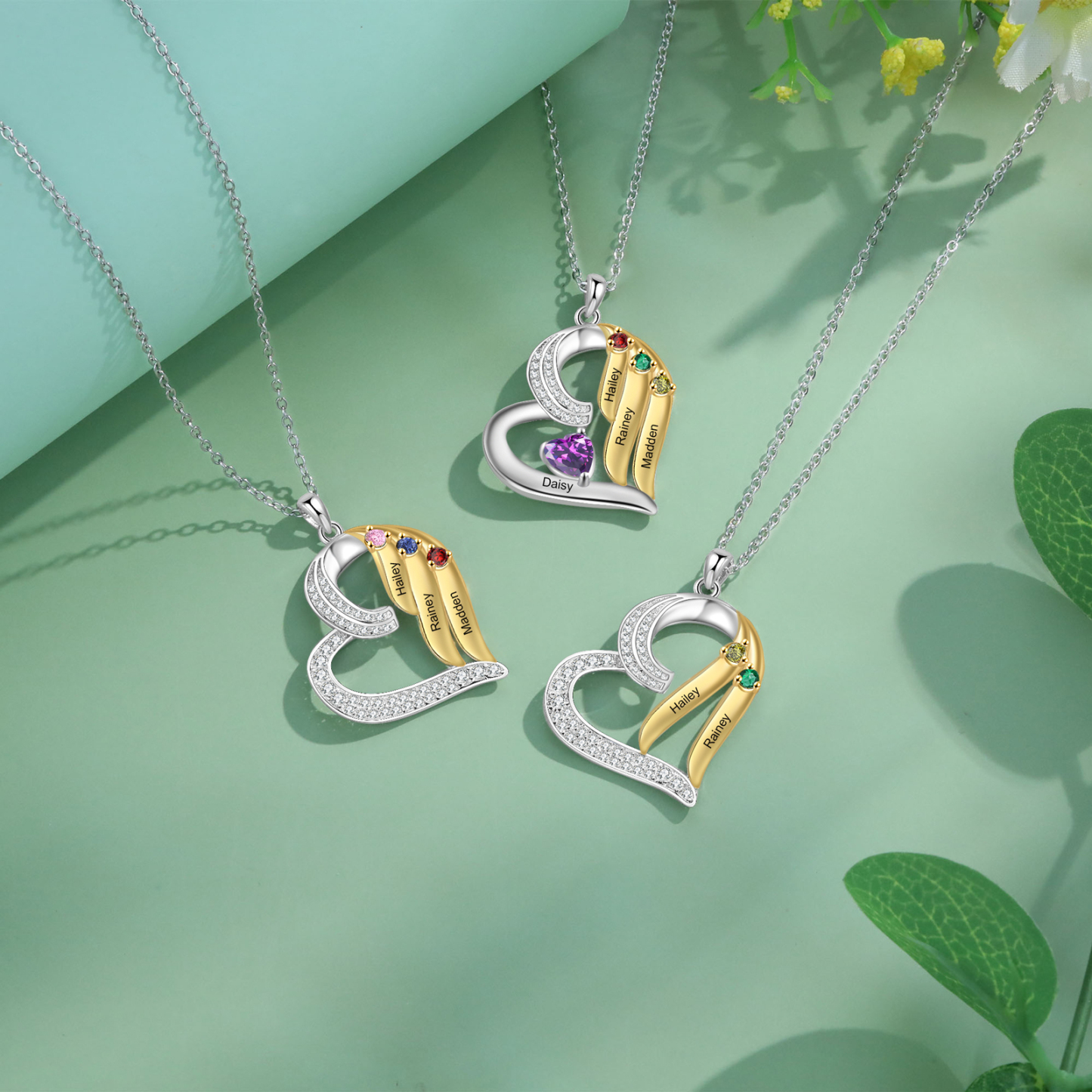 Personalisierte 2-4 Namen & 2-4 Geburtssteinen Silber-Gold Herzanhänger Halskette mit Zirkonia-Steinen