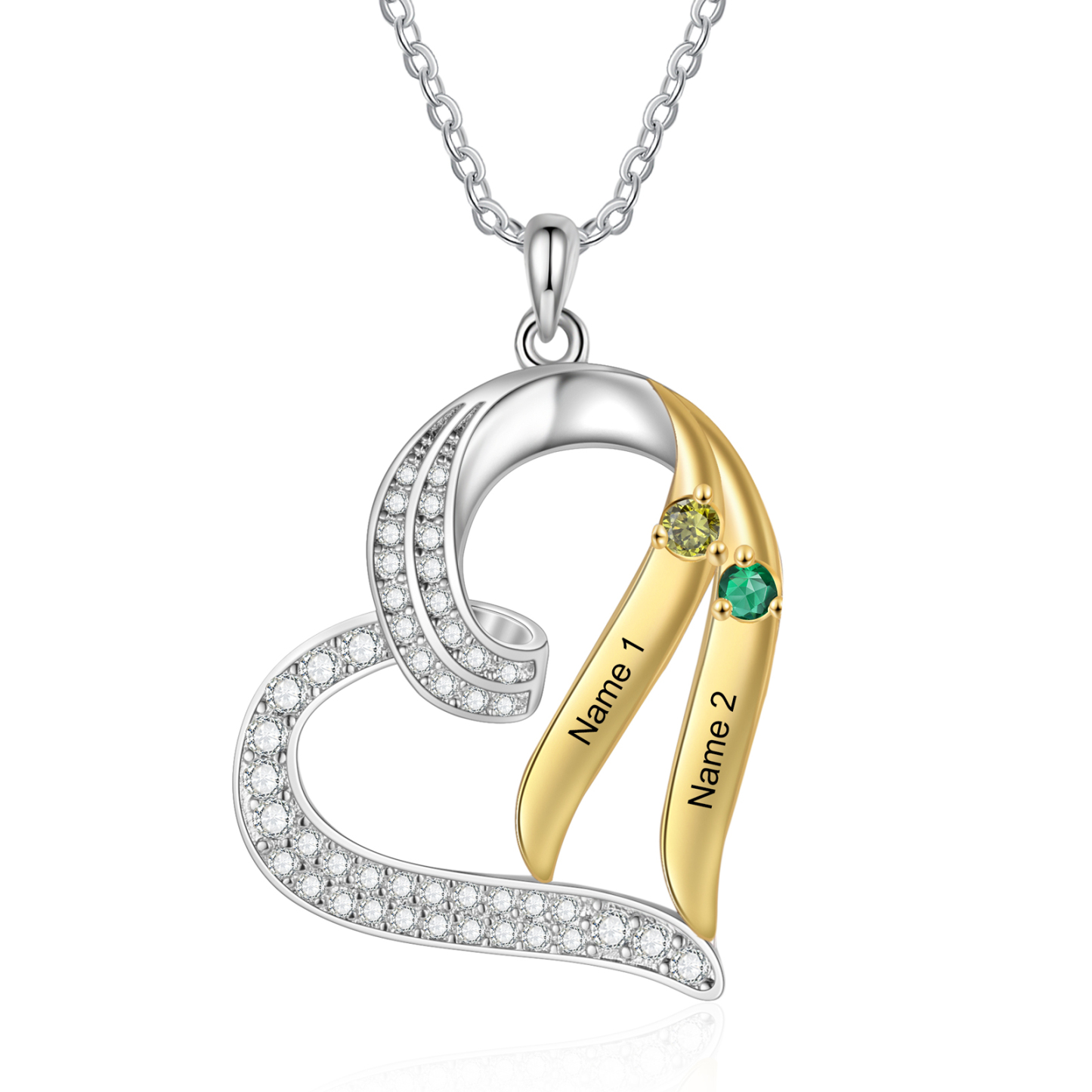 Personalisierte 2-4 Namen & 2-4 Geburtssteinen Silber-Gold Herzanhänger Halskette mit Zirkonia-Steinen
