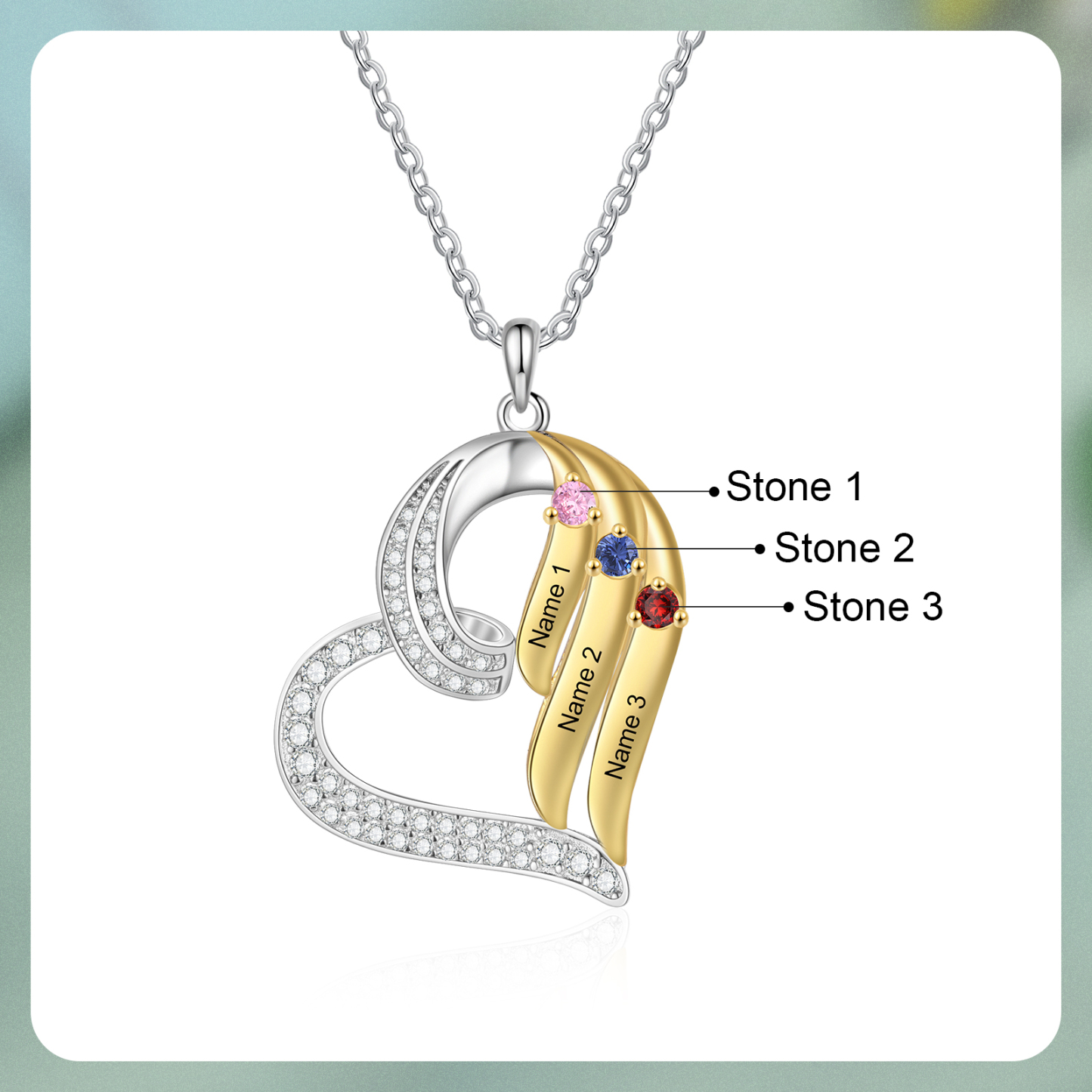 Personalisierte 2-4 Namen & 2-4 Geburtssteinen Silber-Gold Herzanhänger Halskette mit Zirkonia-Steinen