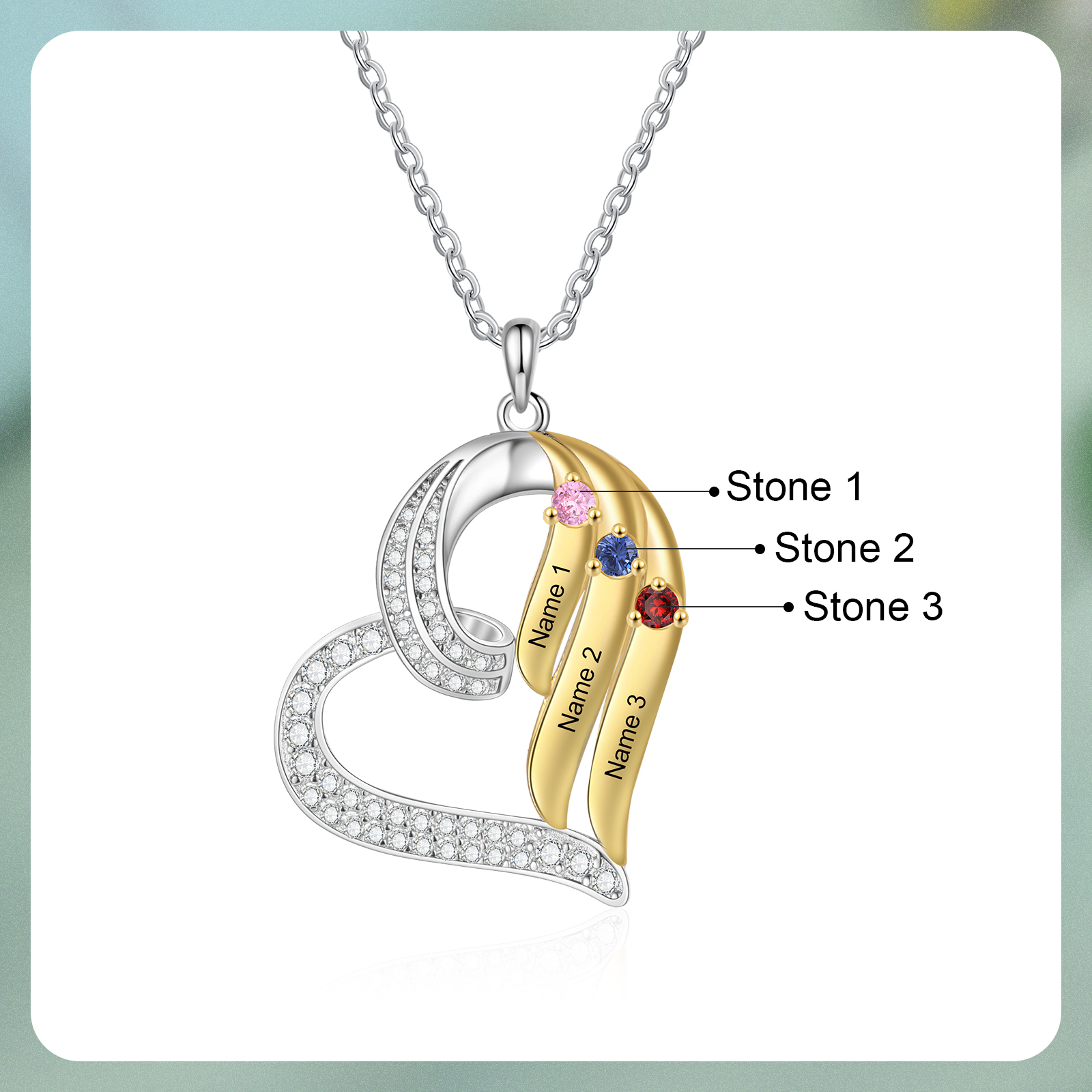 Personalisierte 2-4 Namen & 2-4 Geburtssteinen Silber-Gold Herzanhänger Halskette mit Zirkonia-Steinen