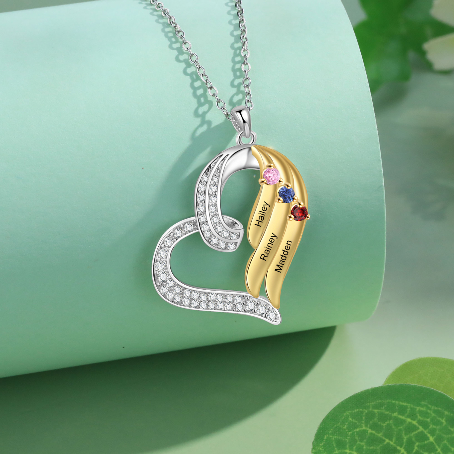 Personalisierte 2-4 Namen & 2-4 Geburtssteinen Silber-Gold Herzanhänger Halskette mit Zirkonia-Steinen