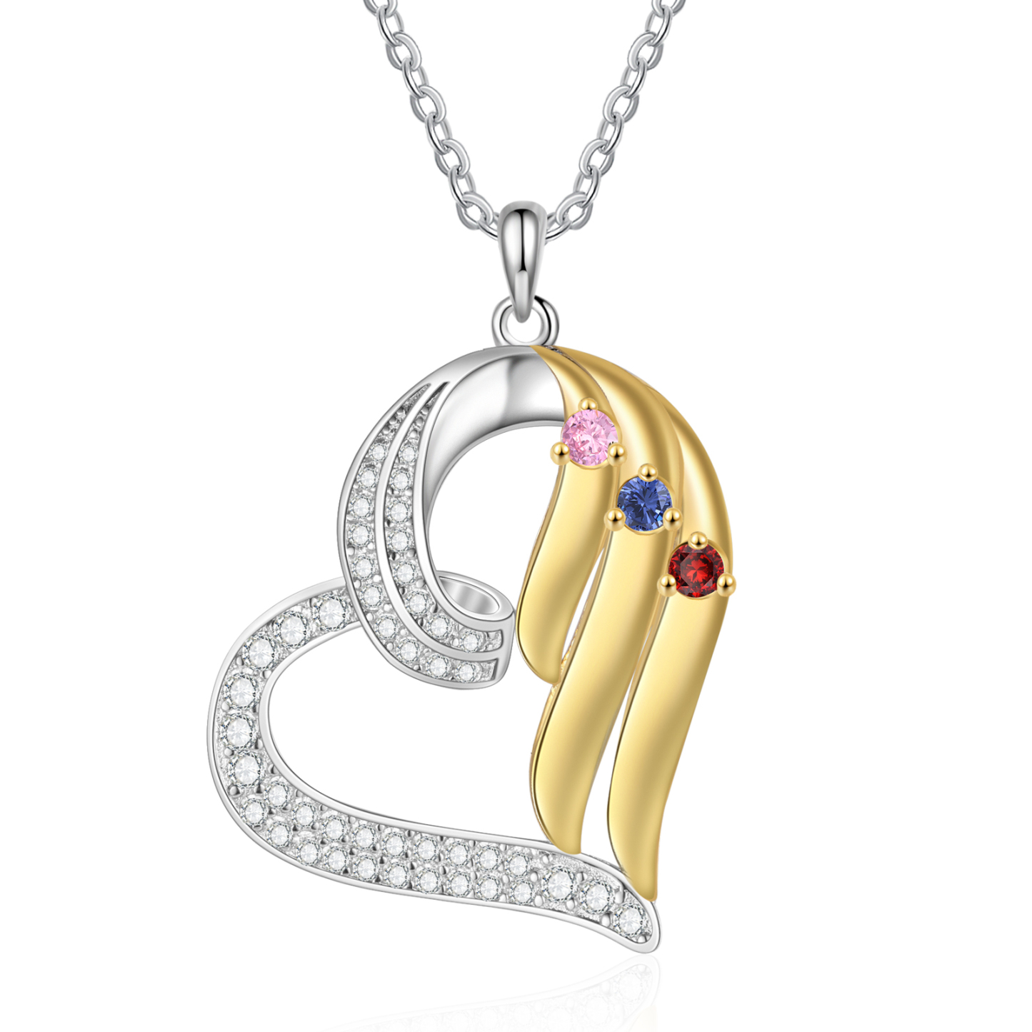 Personalisierte 2-4 Namen & 2-4 Geburtssteinen Silber-Gold Herzanhänger Halskette mit Zirkonia-Steinen
