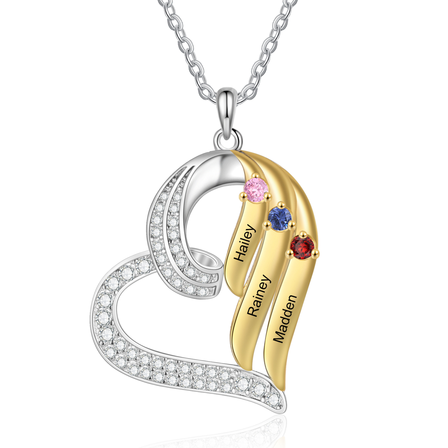 Personalisierte 2-4 Namen & 2-4 Geburtssteinen Silber-Gold Herzanhänger Halskette mit Zirkonia-Steinen