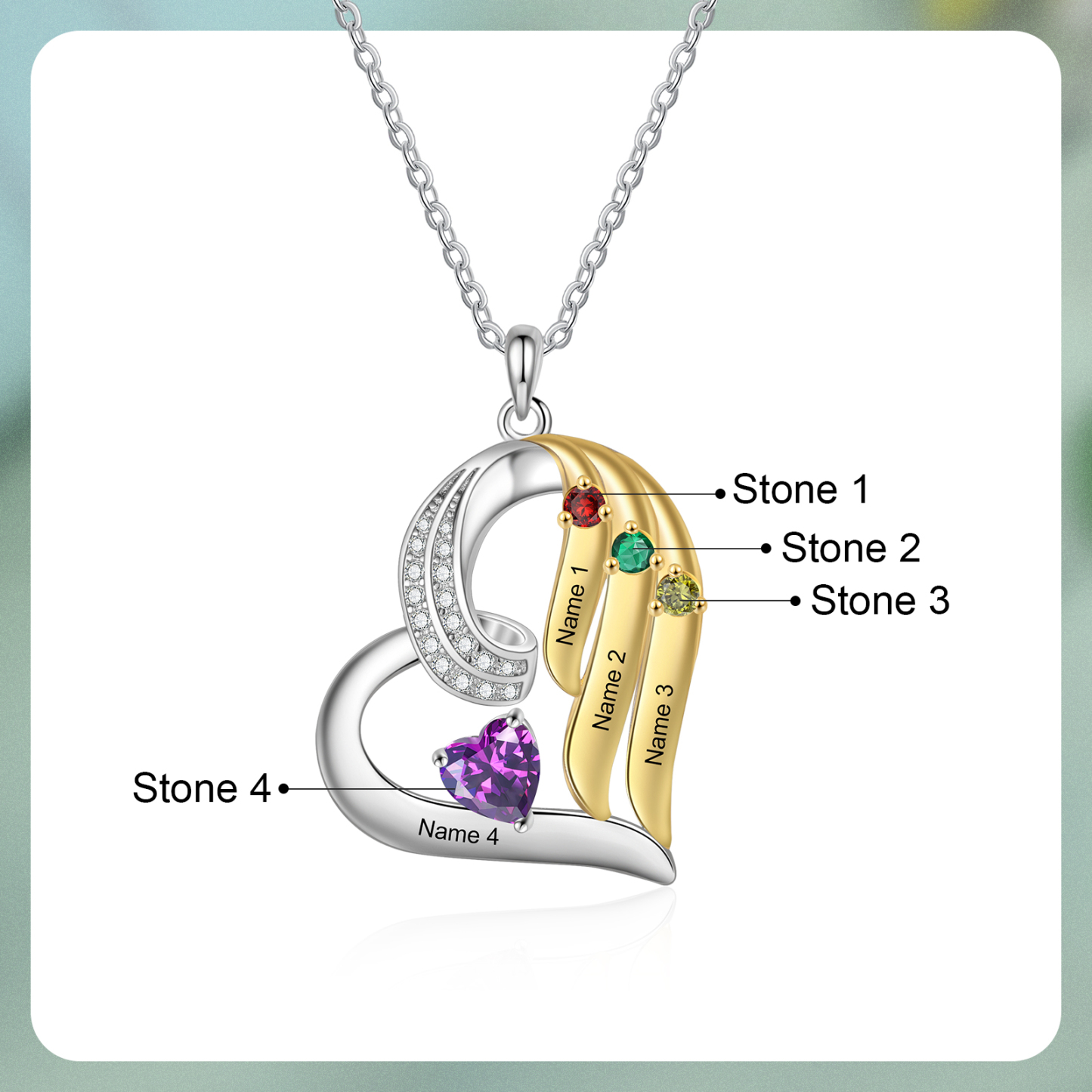 Personalisierte 2-4 Namen & 2-4 Geburtssteinen Silber-Gold Herzanhänger Halskette mit Zirkonia-Steinen
