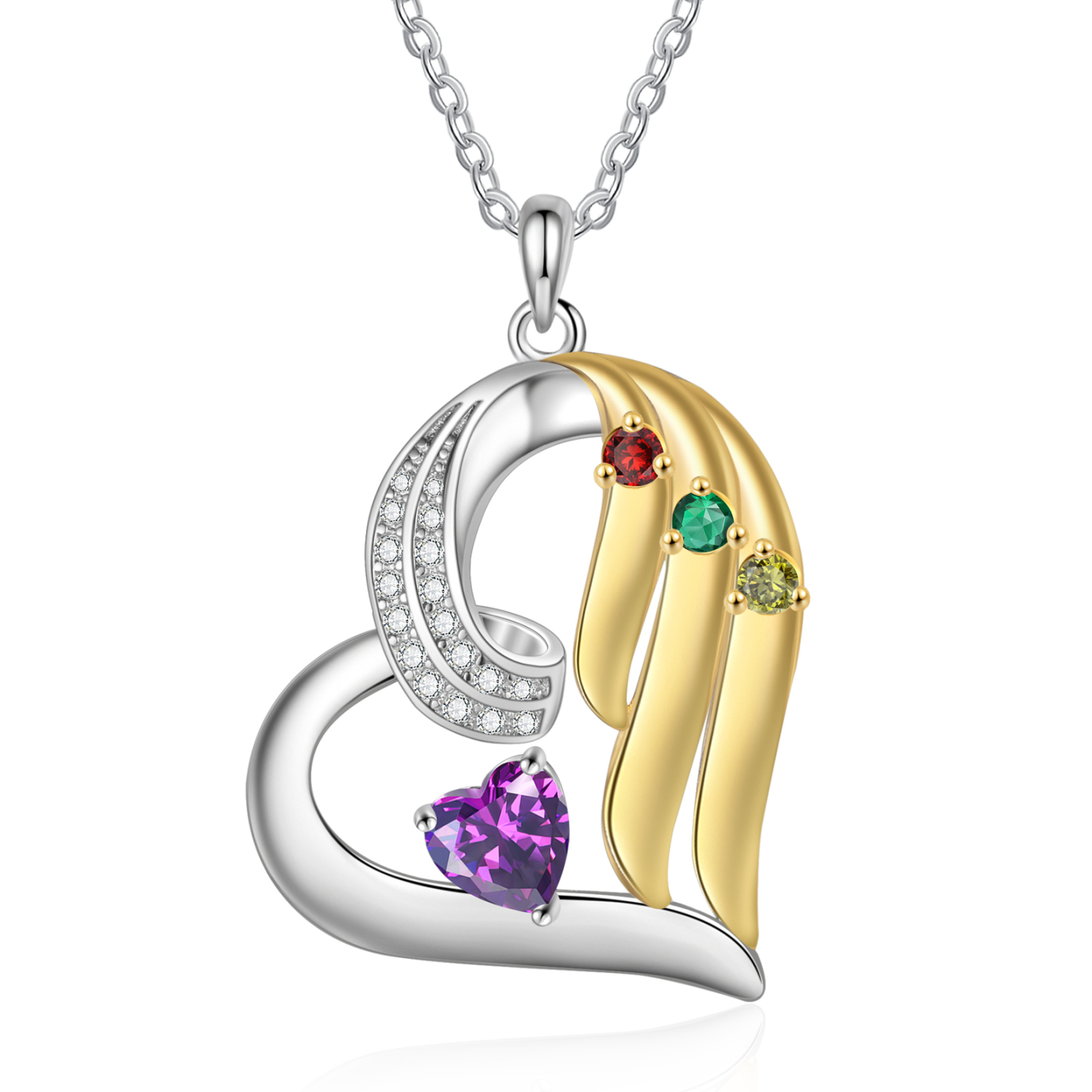 Personalisierte 2-4 Namen & 2-4 Geburtssteinen Silber-Gold Herzanhänger Halskette mit Zirkonia-Steinen