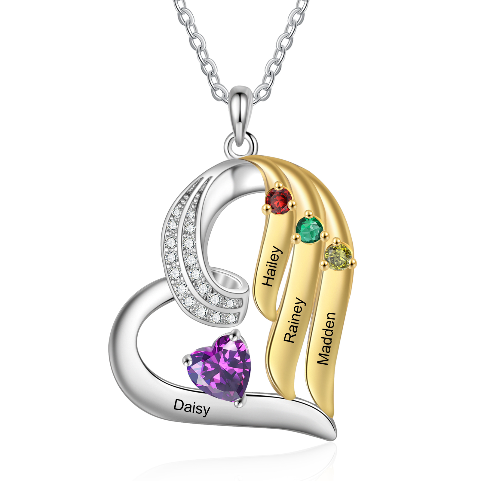 Personalisierte 2-4 Namen & 2-4 Geburtssteinen Silber-Gold Herzanhänger Halskette mit Zirkonia-Steinen