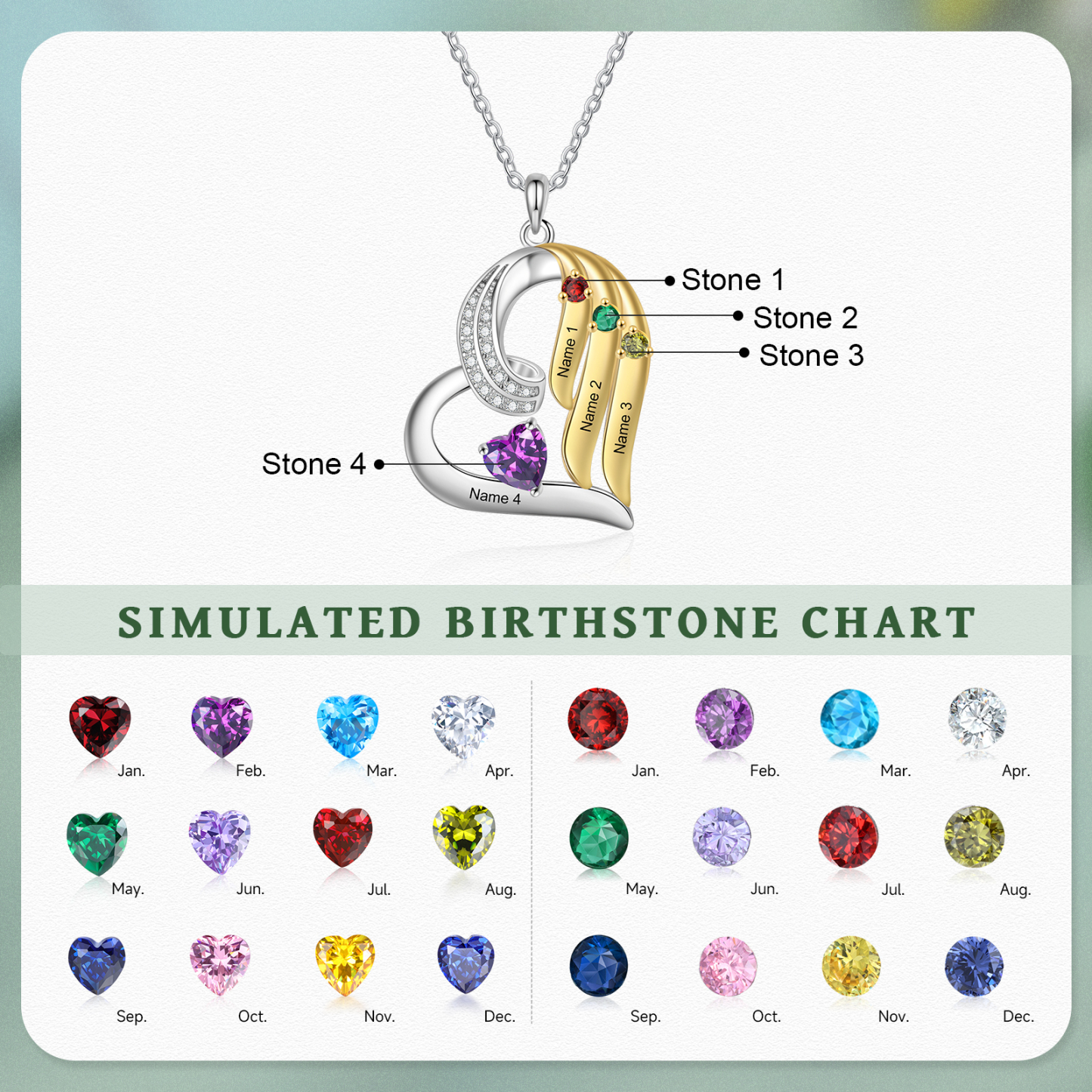 Personalisierte 2-4 Namen & 2-4 Geburtssteinen Silber-Gold Herzanhänger Halskette mit Zirkonia-Steinen