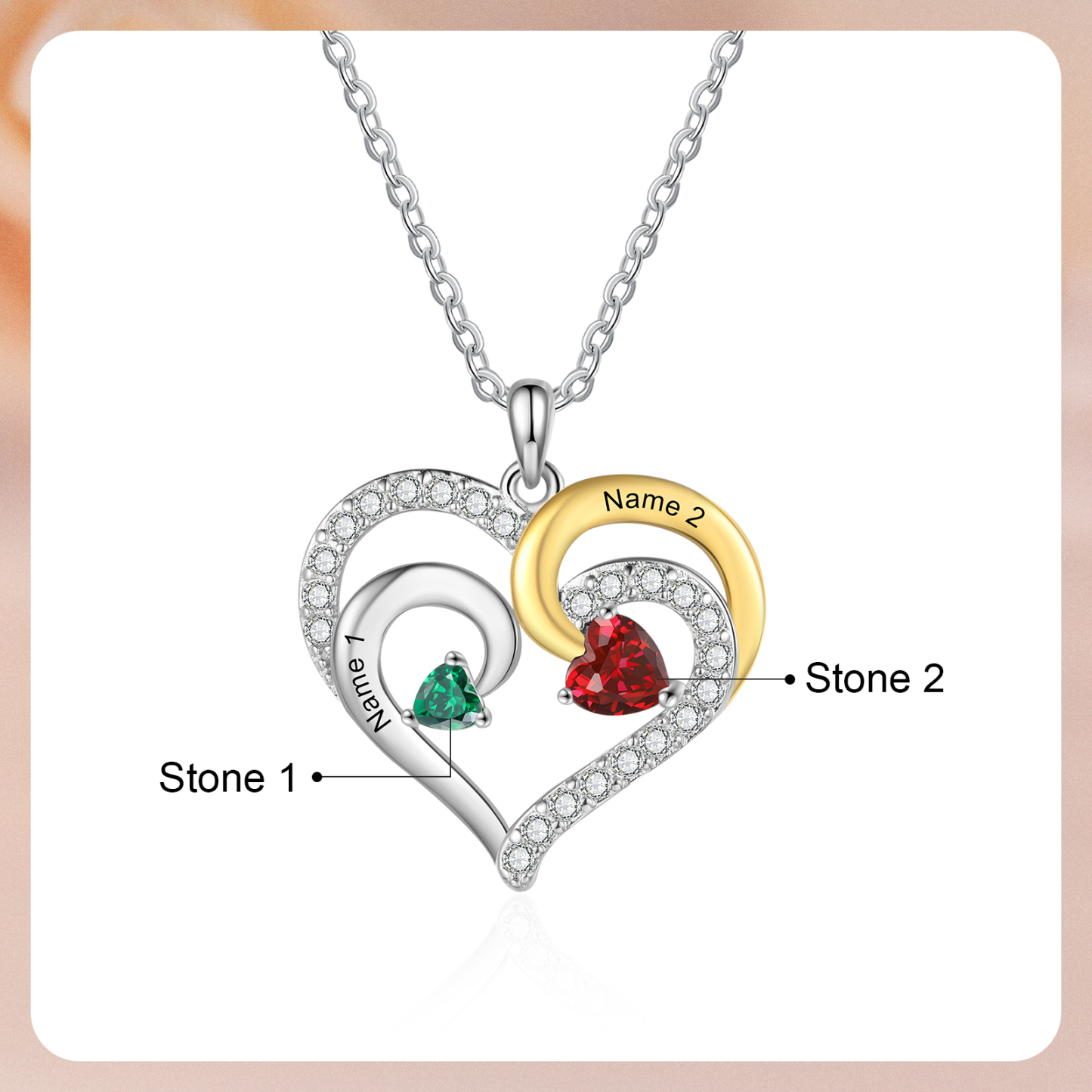 Personalisierte 2-4 Namen & Geburtssteinen Silberne & Goldene Doppelherz-Halskette mit Zirkonia