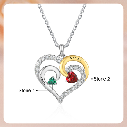 Personalisierte 2-4 Namen & Geburtssteinen Silberne & Goldene Doppelherz-Halskette mit Zirkonia