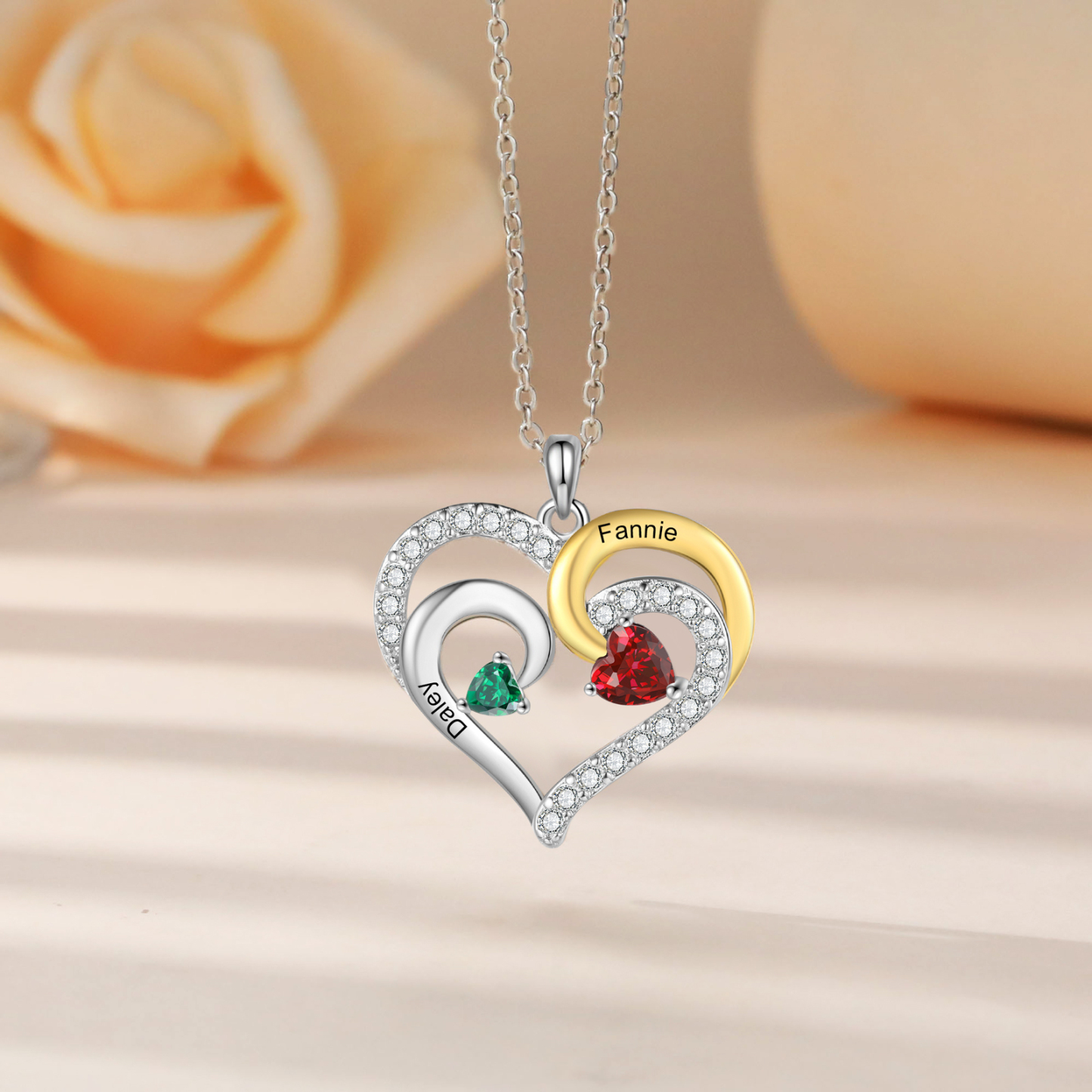 Personalisierte 2-4 Namen & Geburtssteinen Silberne & Goldene Doppelherz-Halskette mit Zirkonia